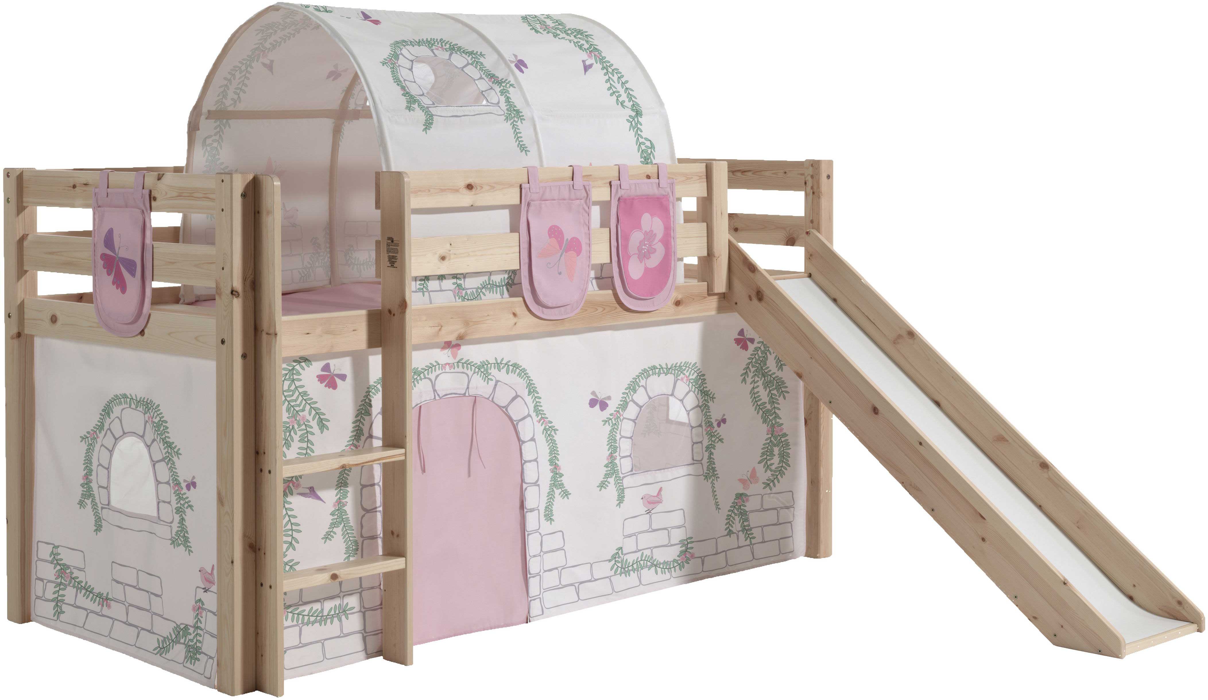 Lit mi-hauteur avec toboggan Astrid avec tente et tunnel de lit et sacs de rangement Princess II - bois de pin - Image 8