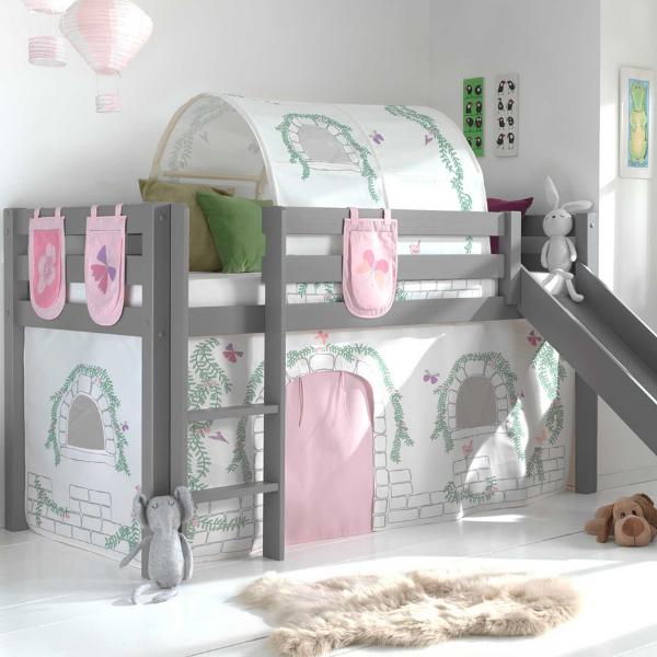 Lit mi-hauteur avec toboggan Astrid avec tente et tunnel de lit et sacs de rangement Astro - gris