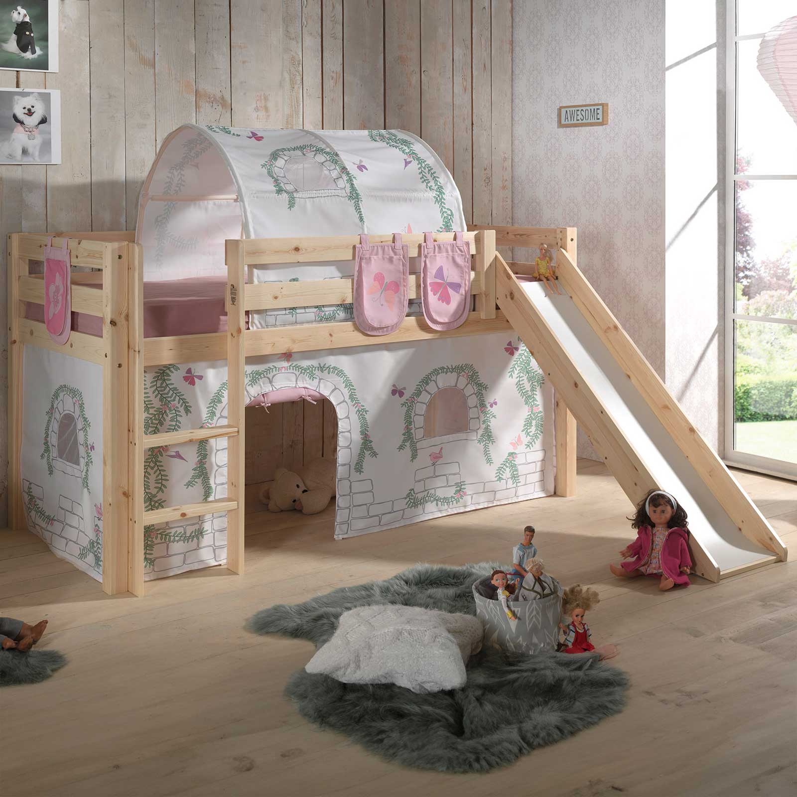 Lit mi-hauteur avec toboggan Astrid avec tente et tunnel de lit et sacs de rangement Princess II - bois de pin