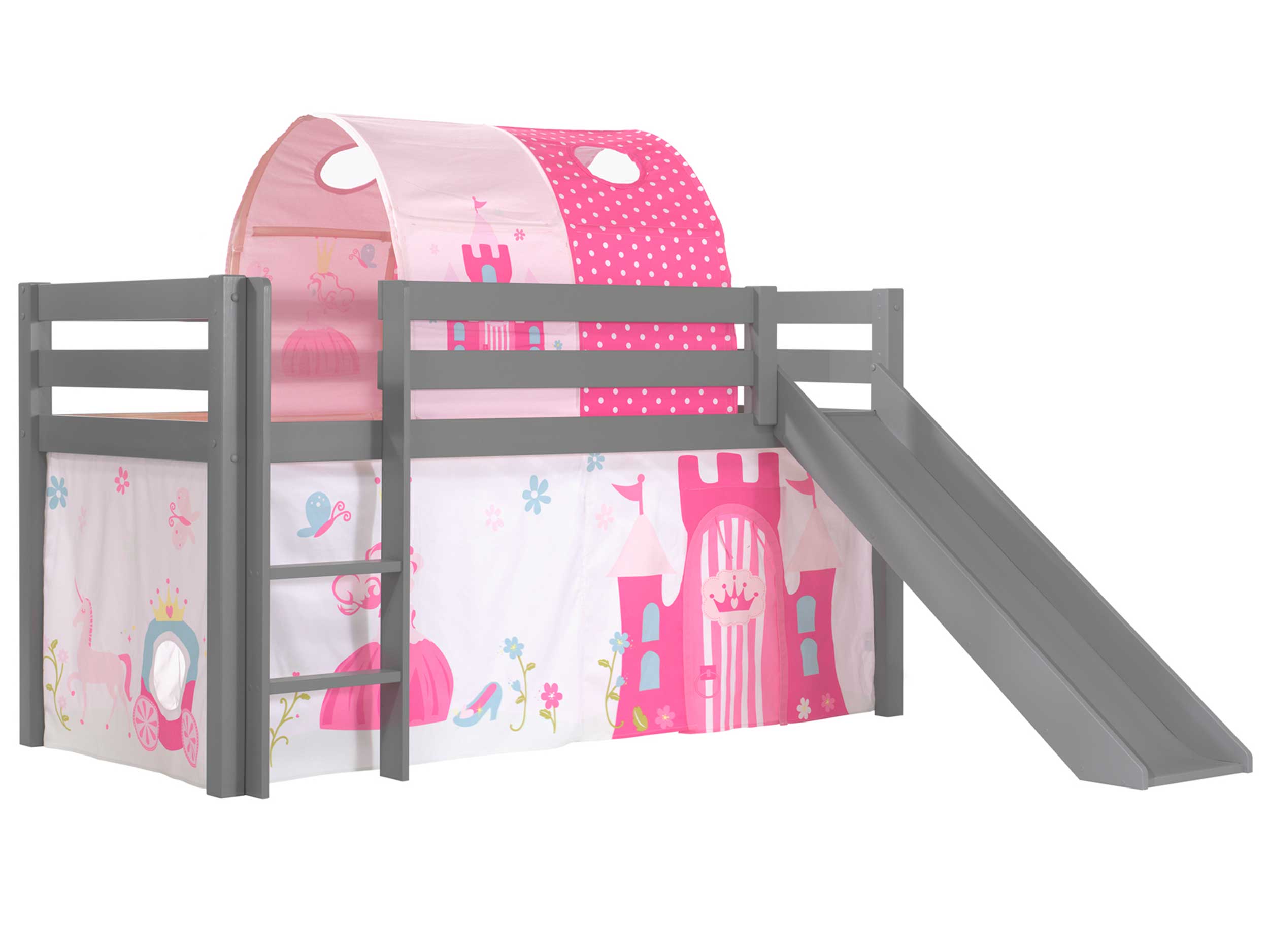 Lit mi-hauteur avec toboggan Astrid avec tente et tunnel de lit Princess II - gris - Image 7