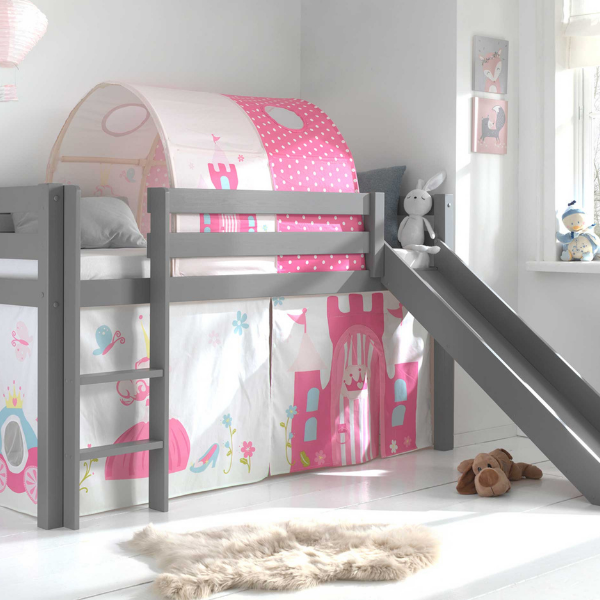 Lit mi-hauteur avec toboggan Astrid avec tente et tunnel de lit Princess II - gris