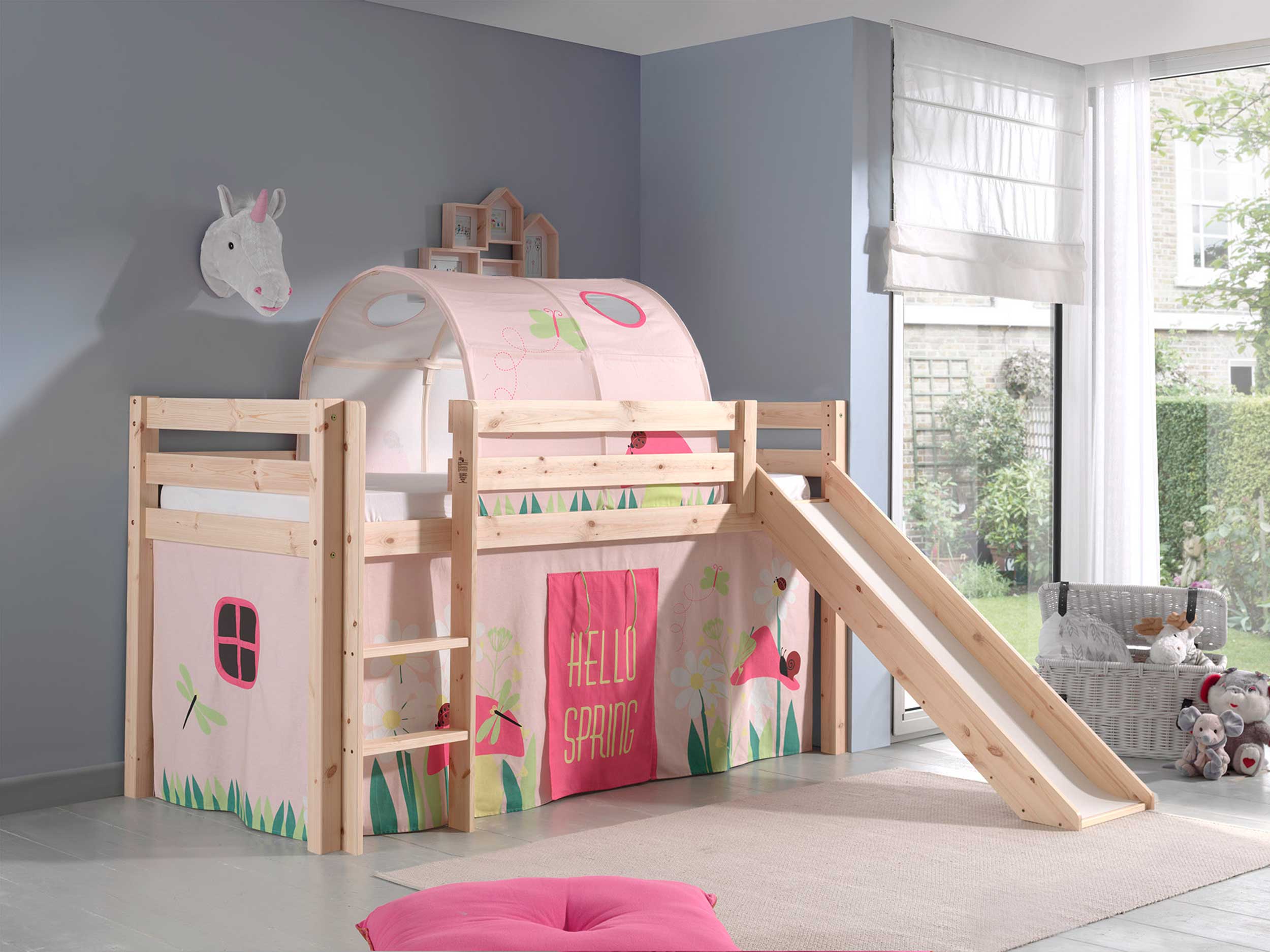 Lit mi-hauteur avec toboggan Astrid avec tente et tunnel de lit Spring - bois de pin - Image 6