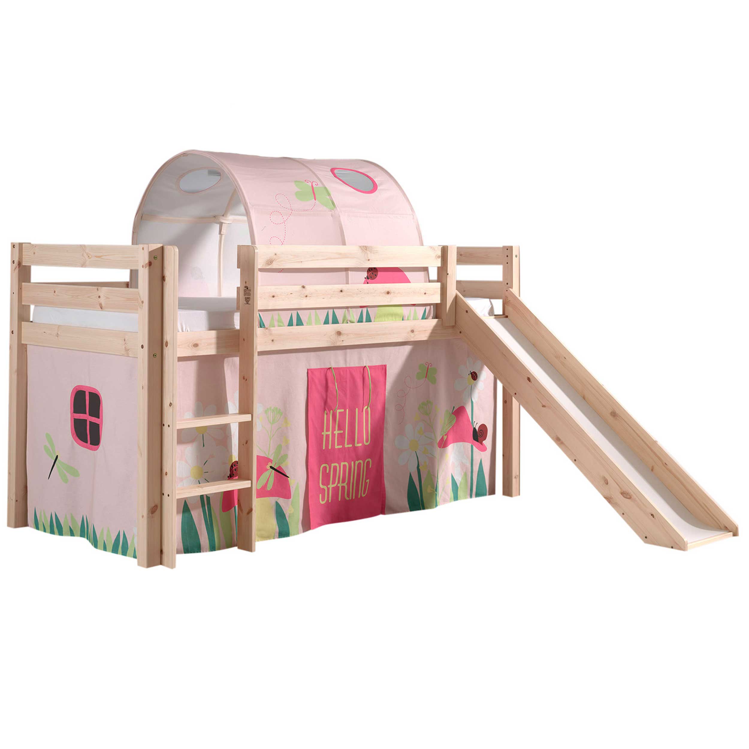 Lit mi-hauteur avec toboggan Astrid avec tente et tunnel de lit Spring - bois de pin - Image 7