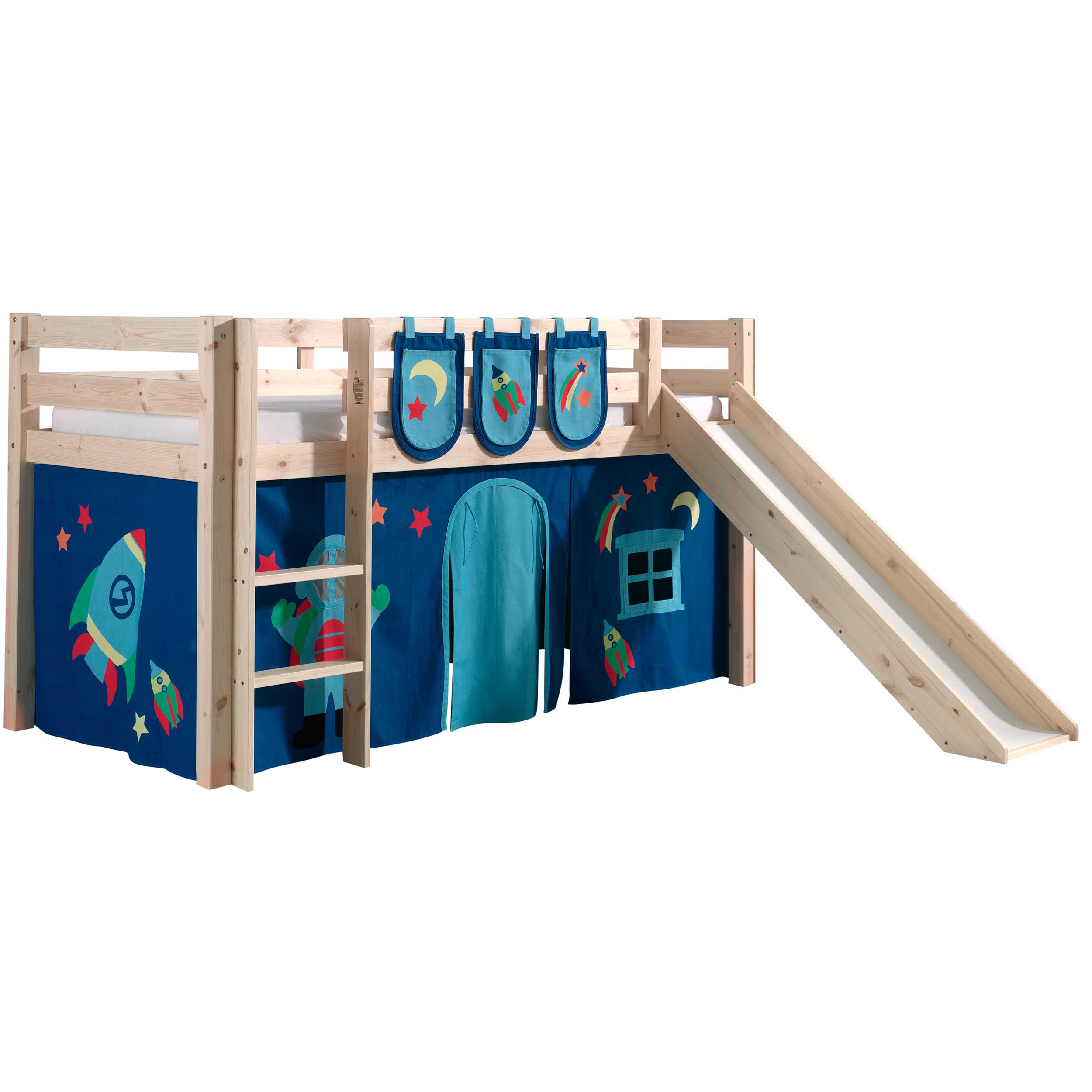 Lit mi-hauteur avec toboggan Astrid avec tunnel de lit et sacs de rangement Astro - pin - Image 7