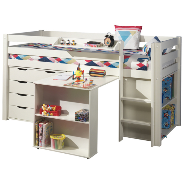 Lit mi-hauteur Charlotte avec étagère, bureau, bibliothèque et chiffonnier - blanc - Image 12