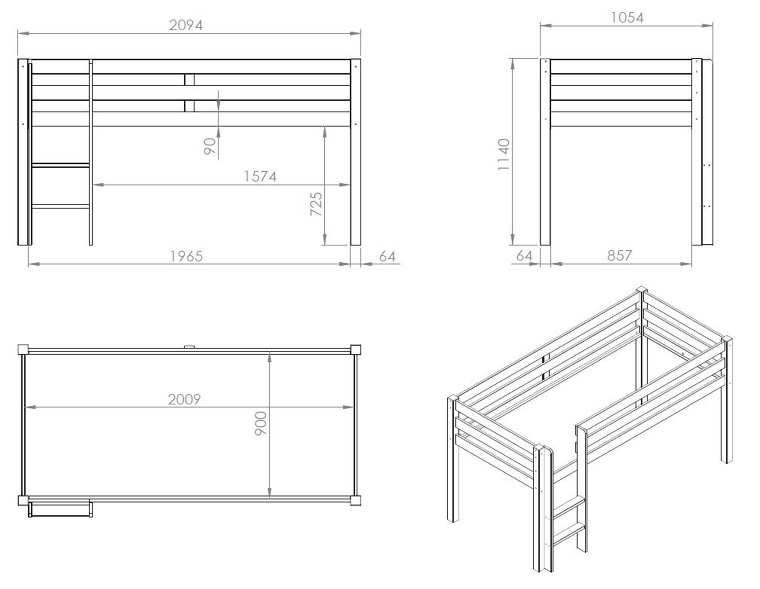 Lit mi-hauteur Charlotte avec étagère, bureau et chiffonnier - blanc - Image 9