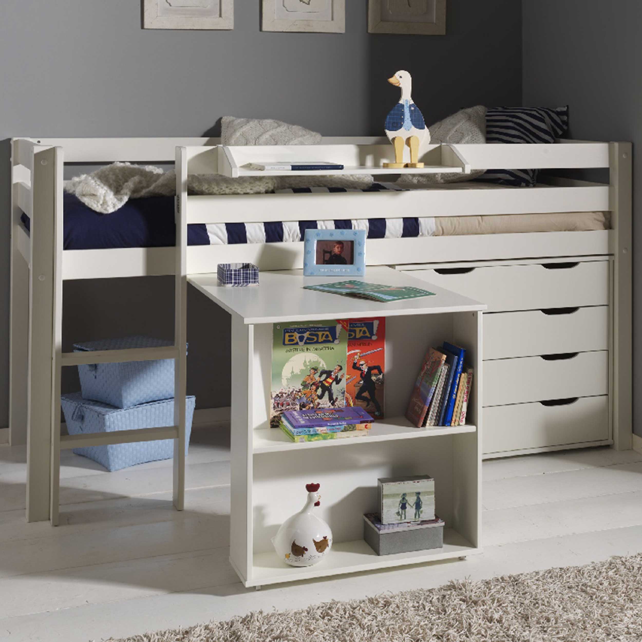 Lit mi-hauteur Charlotte avec étagère, bureau et chiffonnier - blanc