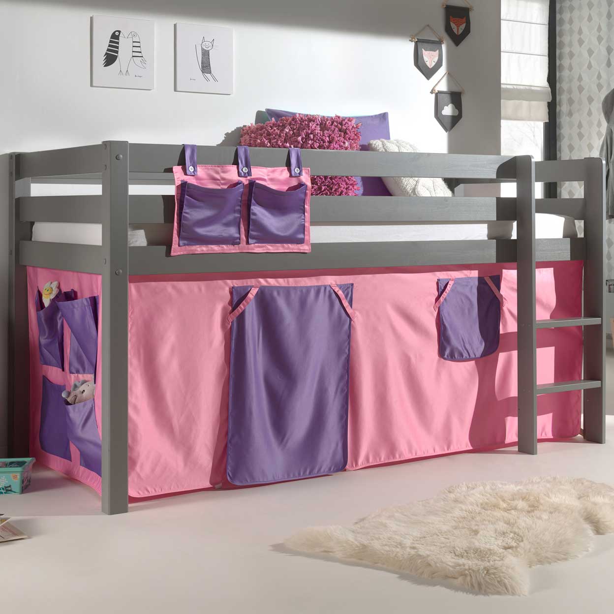Lit mi-hauteur Charlotte avec tente de lit Bella - gris