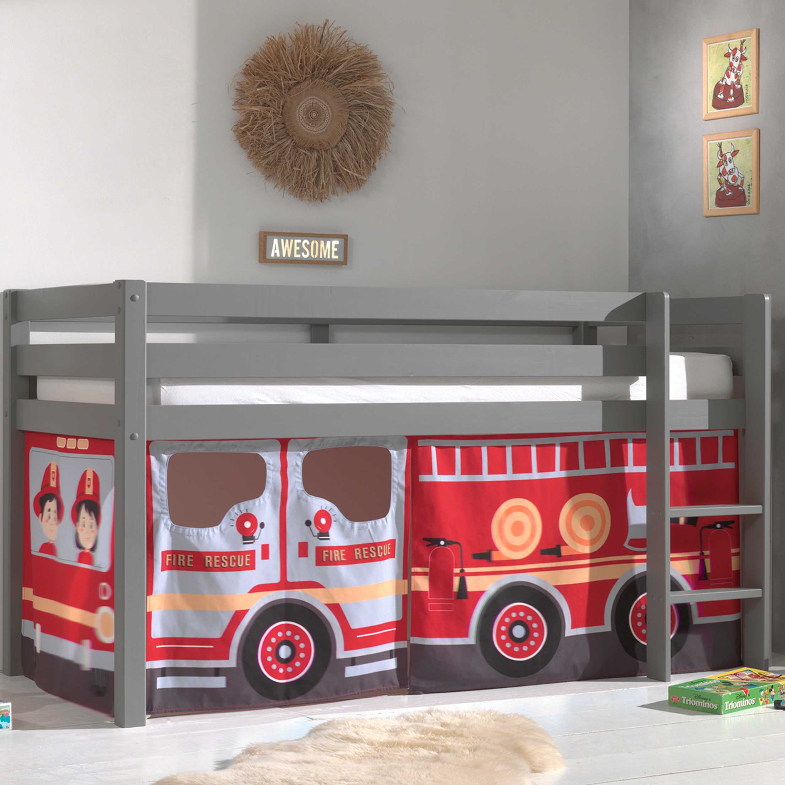 Lit mi-hauteur Charlotte avec tente de lit Fire Truck - gris