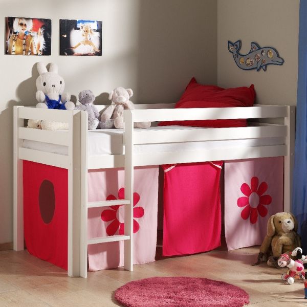 Lit mi-hauteur Charlotte avec tente de lit Fleurs - blanc