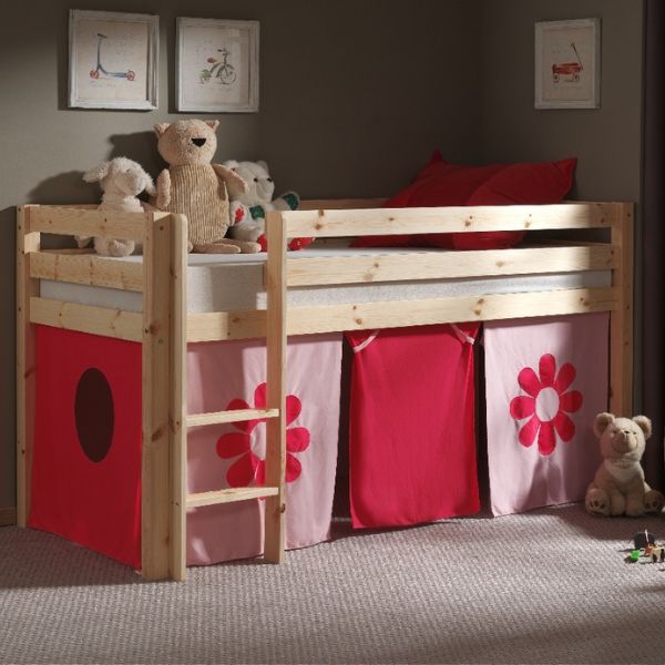 Lit mi-hauteur Charlotte avec tente de lit Fleurs - bois de pin