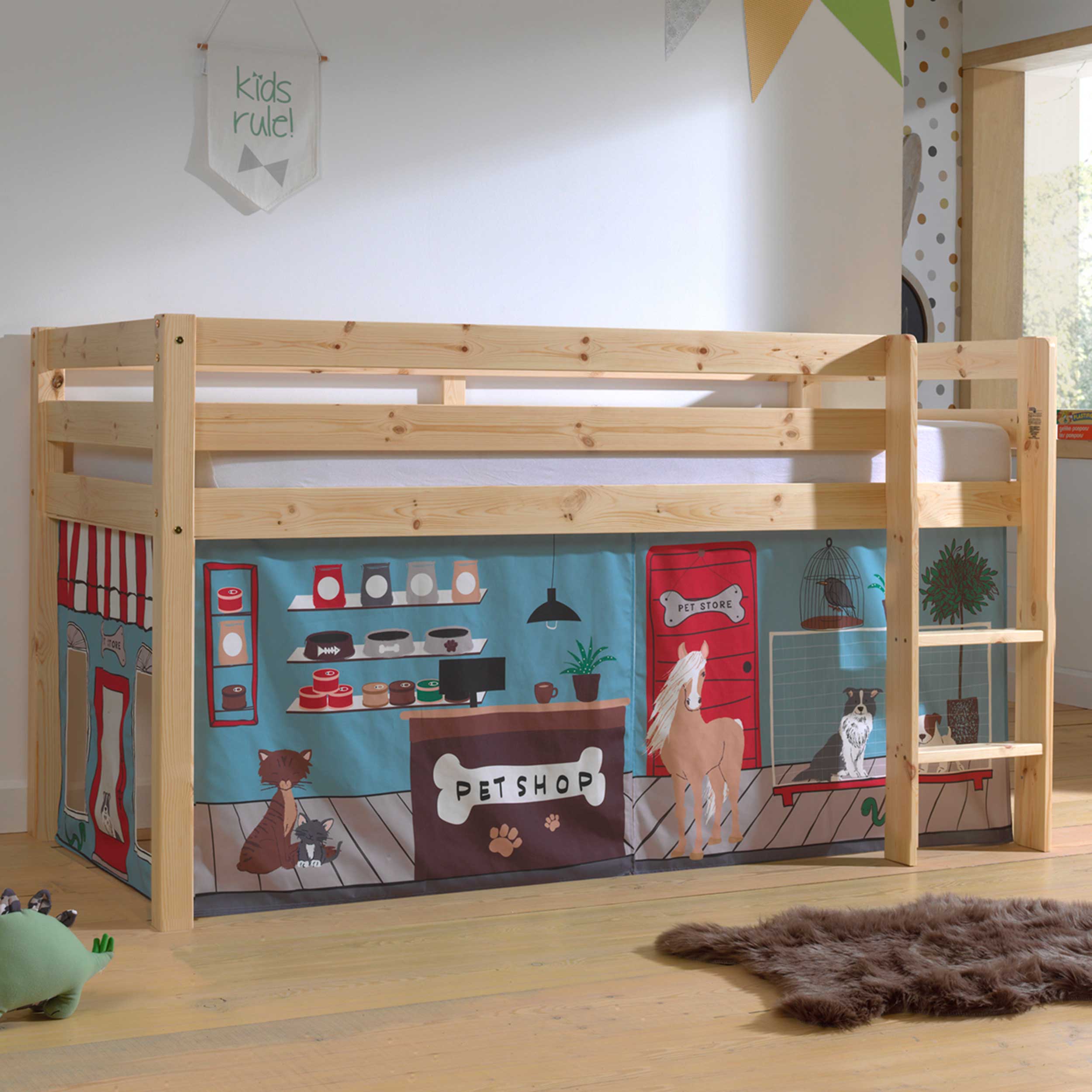 Lit mi-hauteur Charlotte avec tente de lit Pet Shop - bois de pin