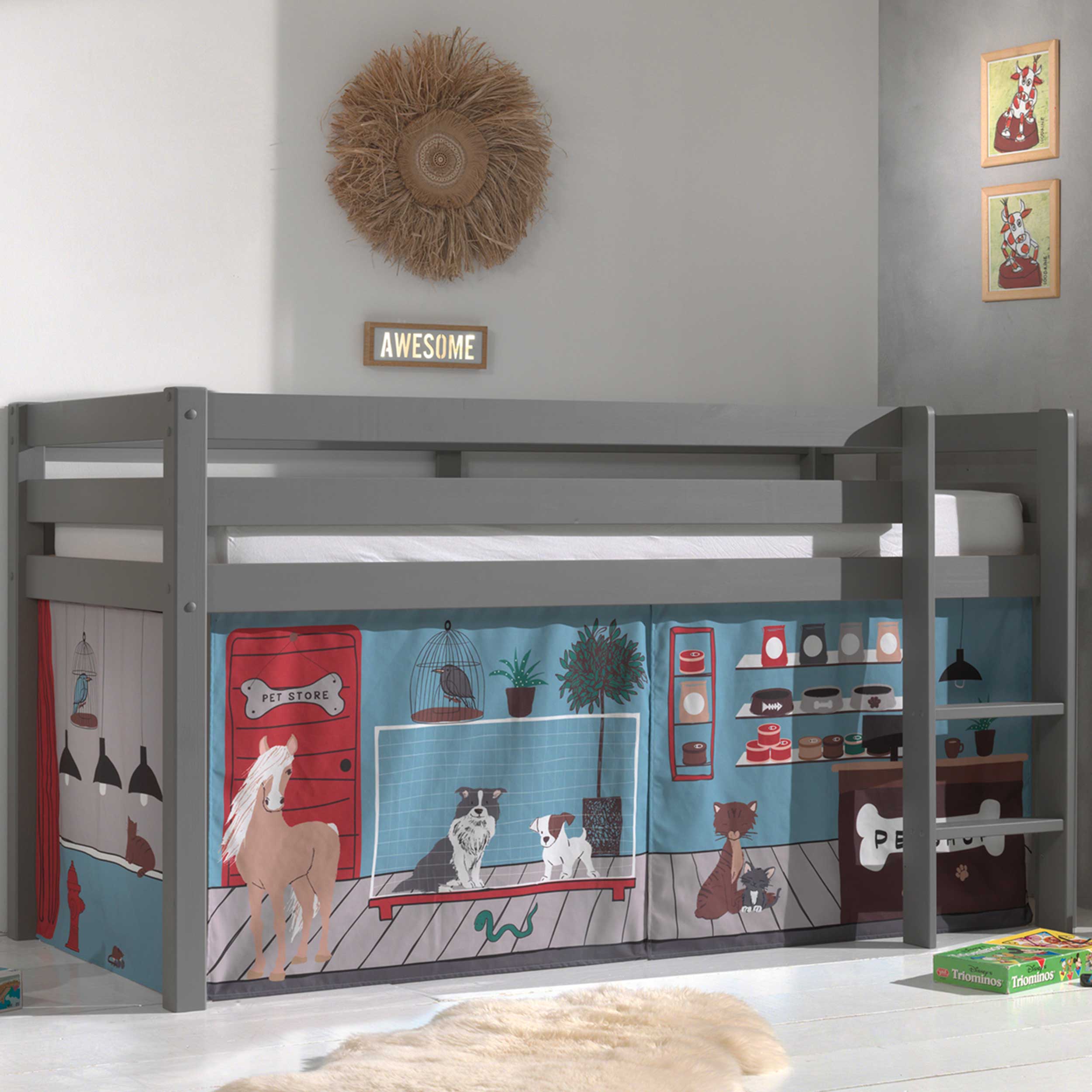 Lit mi-hauteur Charlotte avec tente de lit Pet Shop - gris