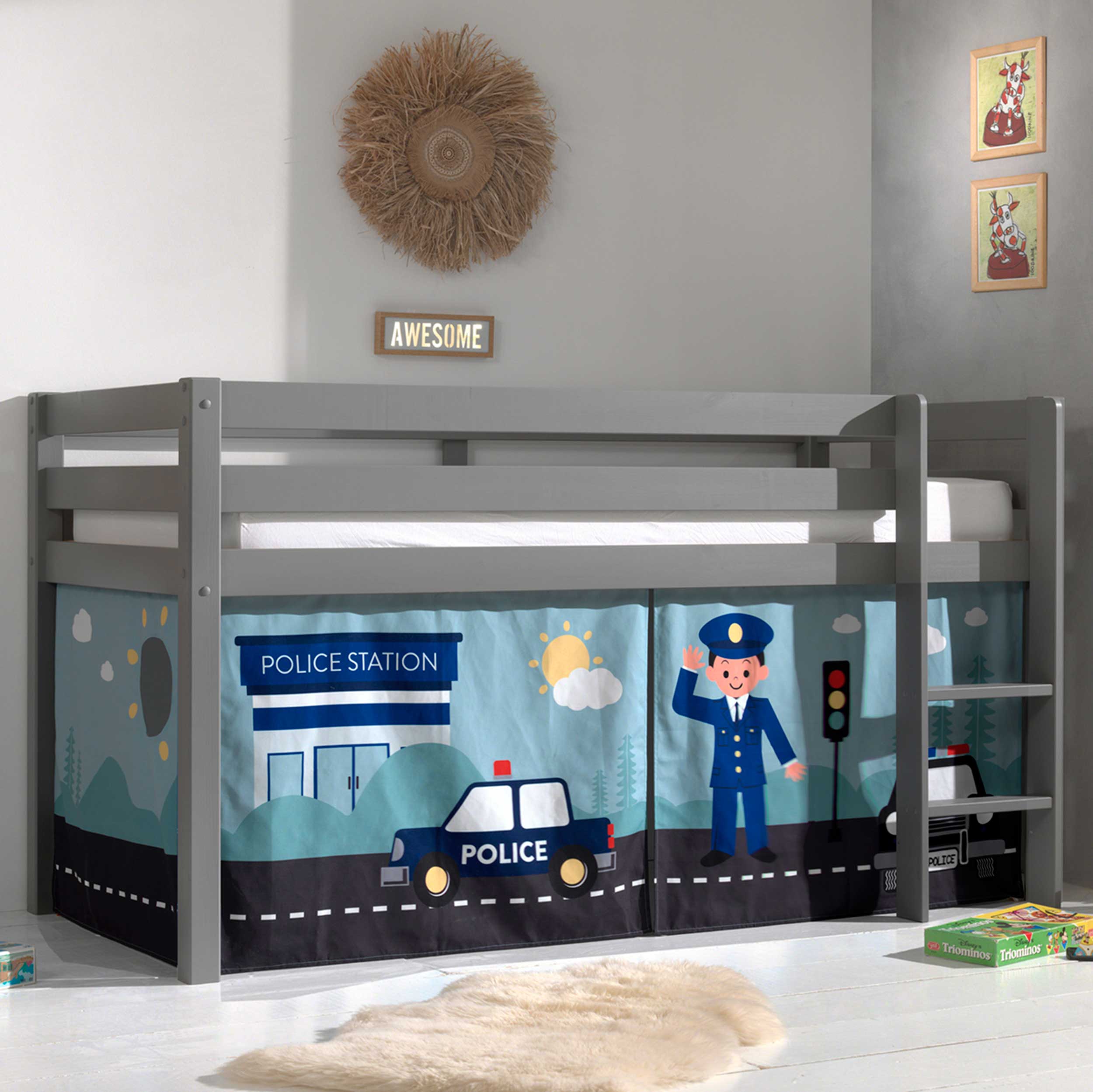 Lit mi-hauteur Charlotte avec tente de lit Police - gris