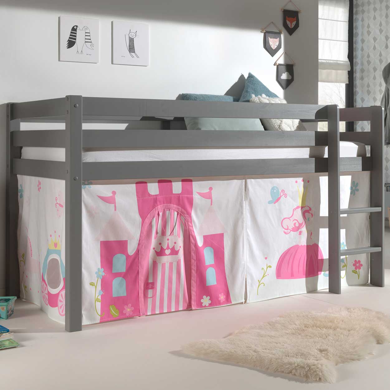 Lit mi-hauteur Charlotte avec tente de lit Princess II - gris