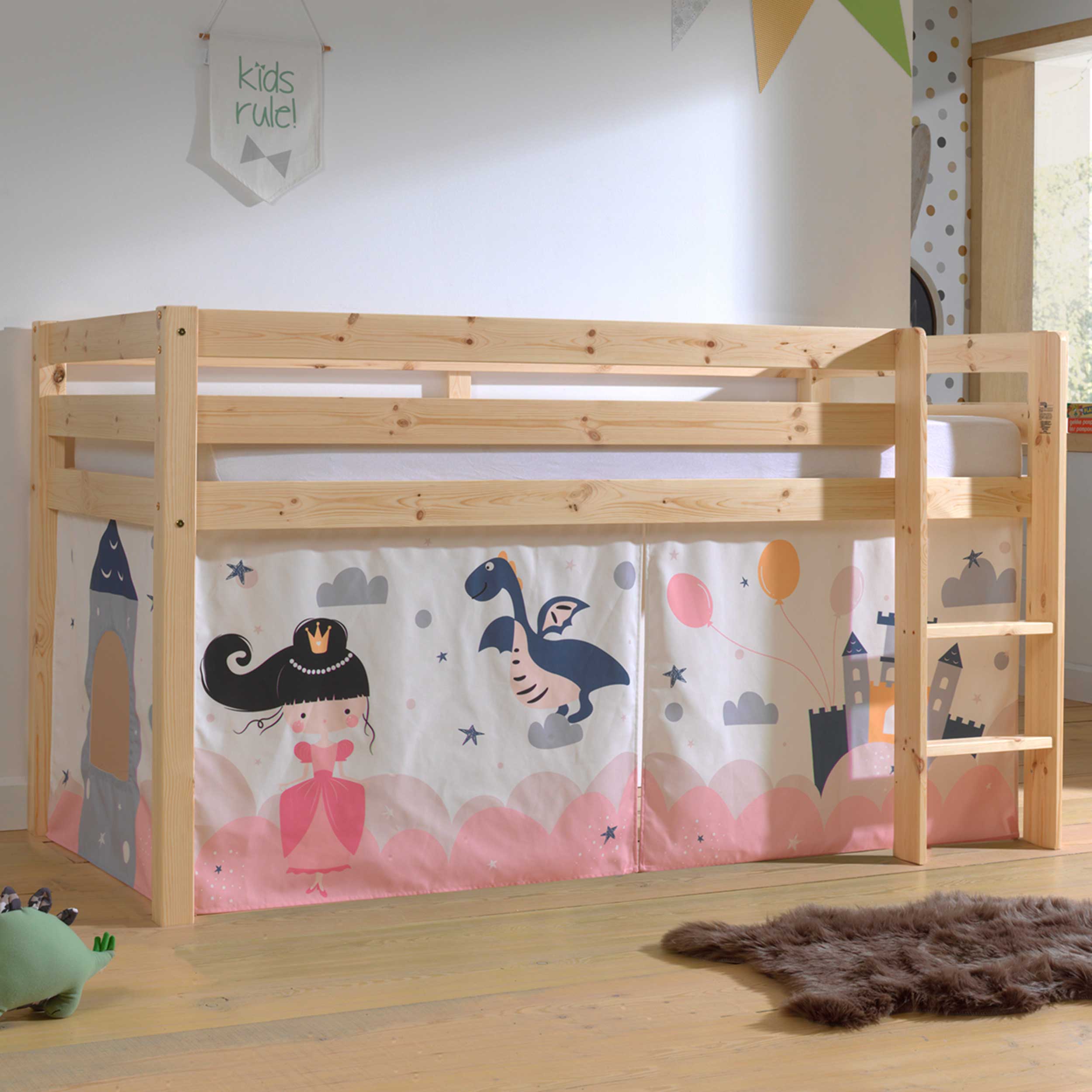 Lit mi-hauteur Charlotte avec tente de lit Princess Sophie - bois de pin