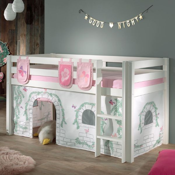 Lit mi-hauteur Charlotte avec tente de lit & sacs de rangement Birdy - blanc