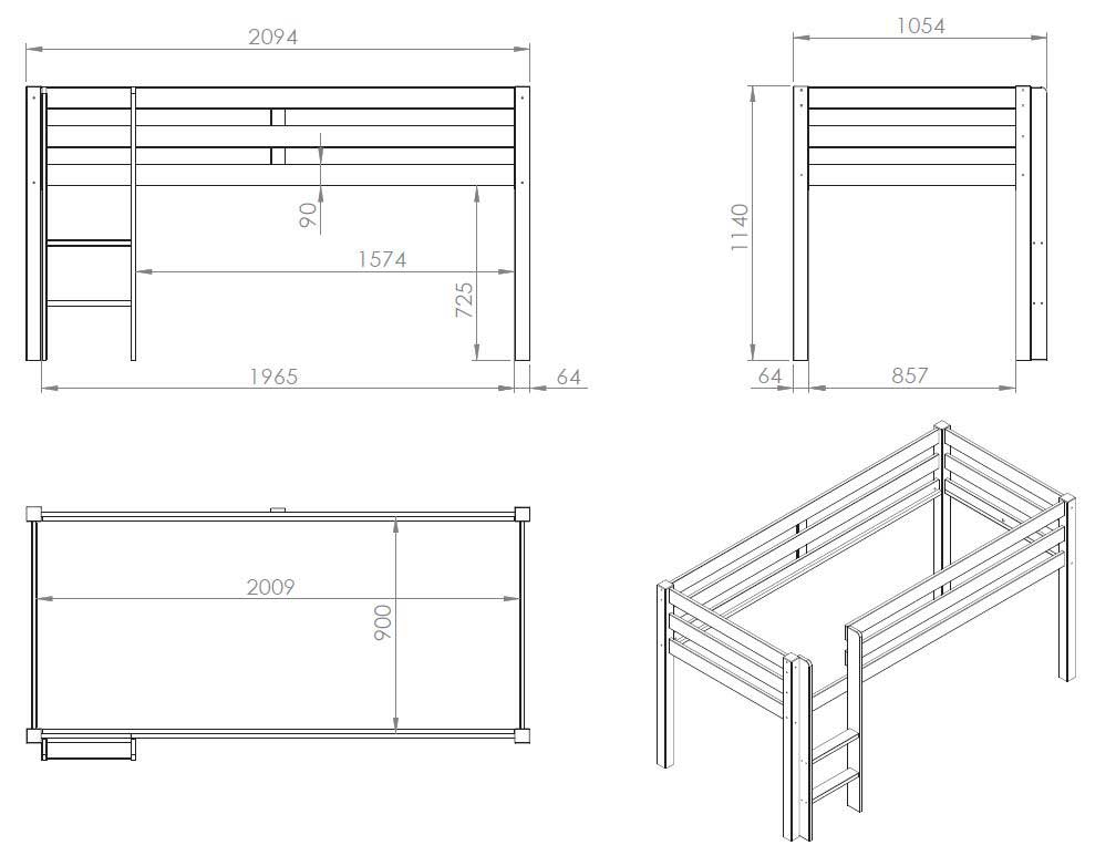 Lit mi-hauteur Charlotte avec tente de lit & sacs de rangement Birdy - bois de pin - Image 5