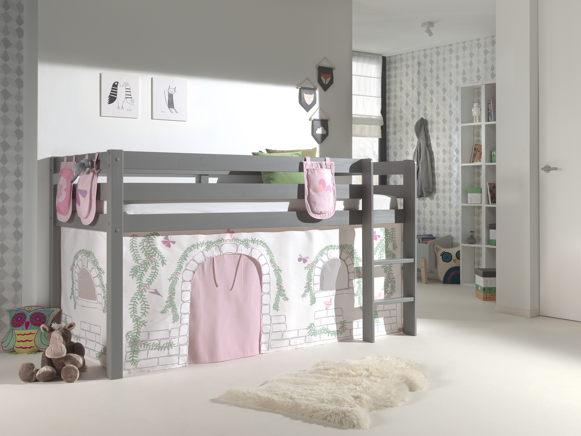 Lit mi-hauteur Charlotte avec tente de lit & sacs de rangement Birdy - gris - Image 6