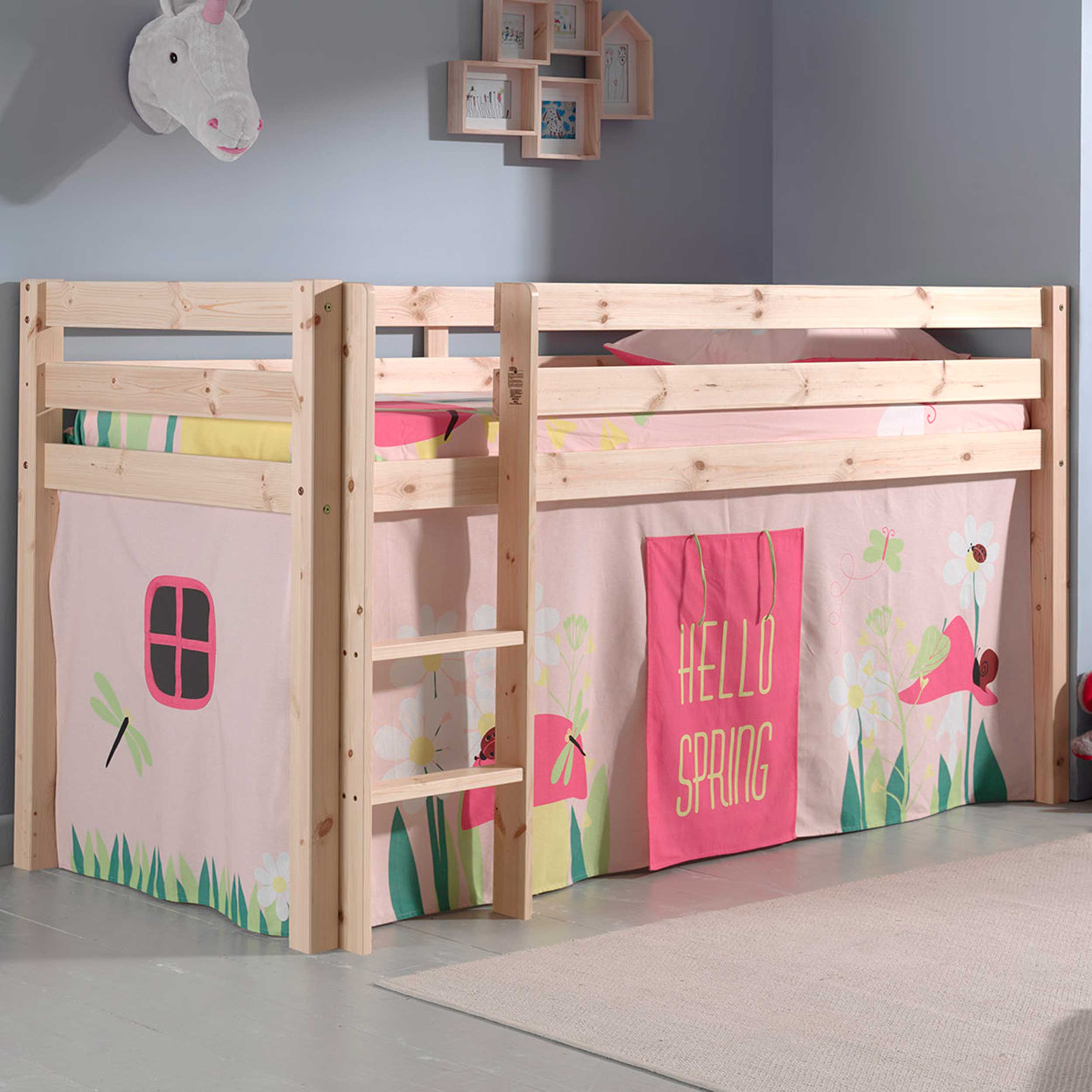 Lit mi-hauteur Charlotte avec tente de lit Spring - bois de pin