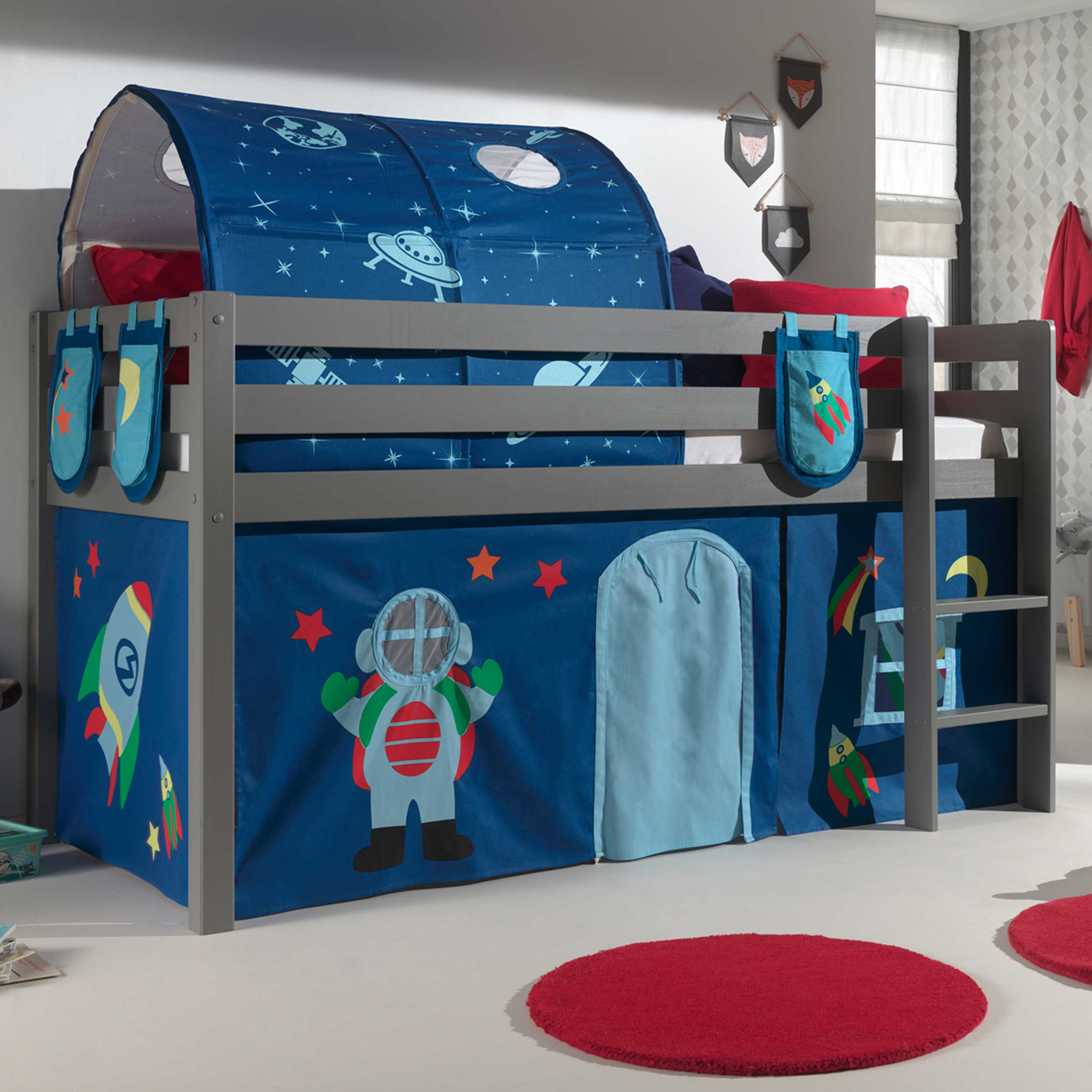 Lit mi-hauteur Charlotte avec tente et tunnel de lit et sacs de rangement Astro - bois de pin