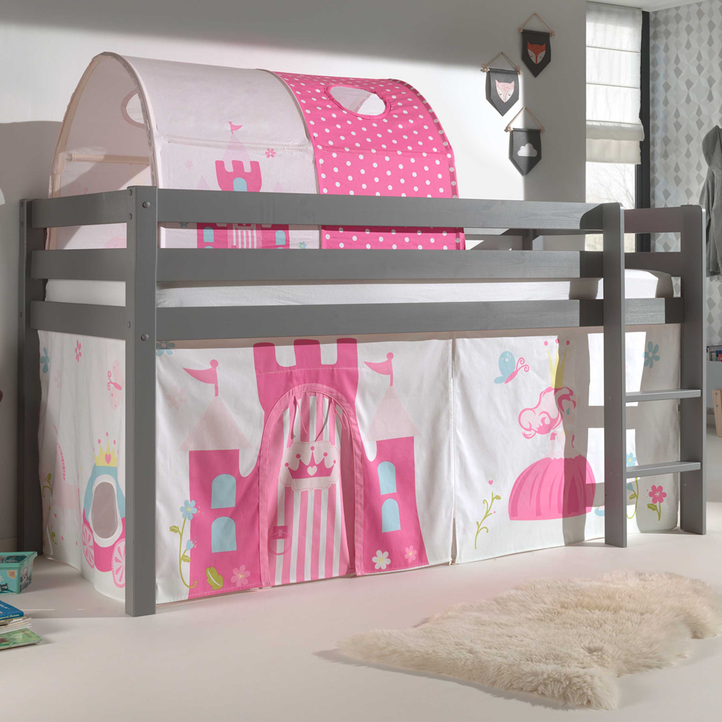 Lit mi-hauteur Charlotte avec tente et tunnel de lit Princess II - gris