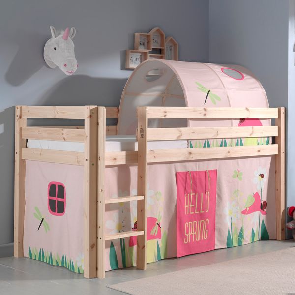 Lit mi-hauteur Charlotte avec tente et tunnel de lit Spring - bois de pin