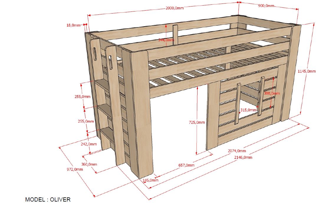 Lit mi-hauteur Olivier 90x200 bois pin - Image 2