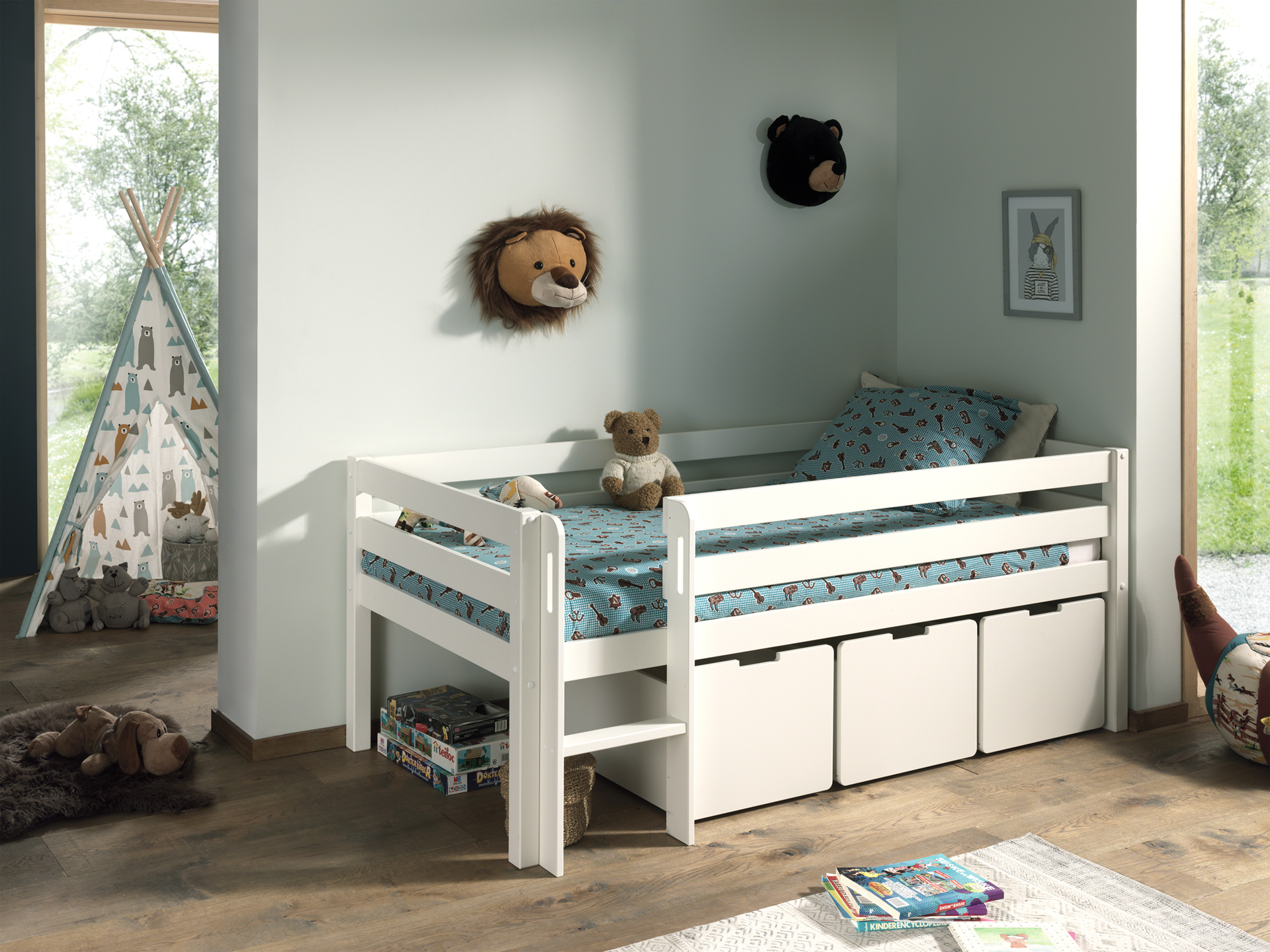 Lit mi-hauteur Pip avec 3 tiroirs 90 x 200 bois de pin - blanc - Image 6