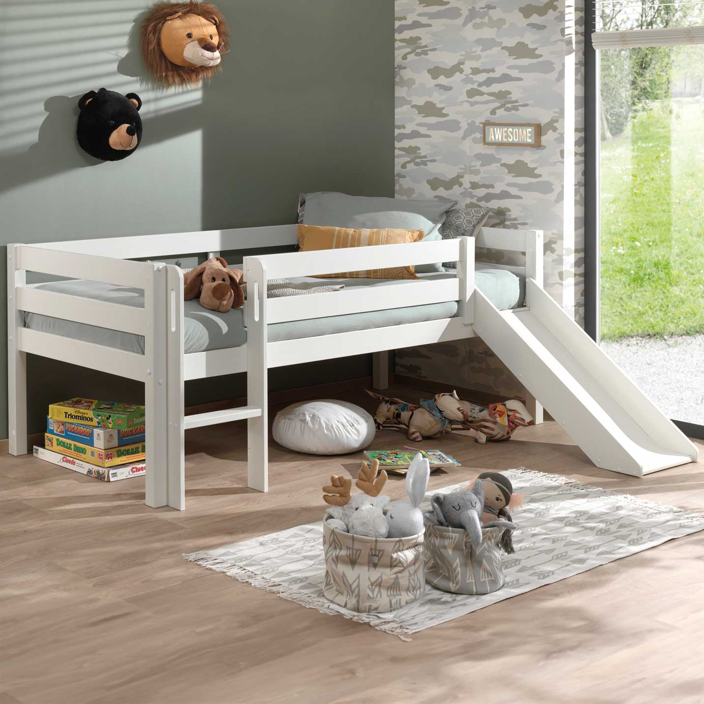 Lit mi-hauteur Pip avec toboggan 90 x 200 bois de pin - blanc