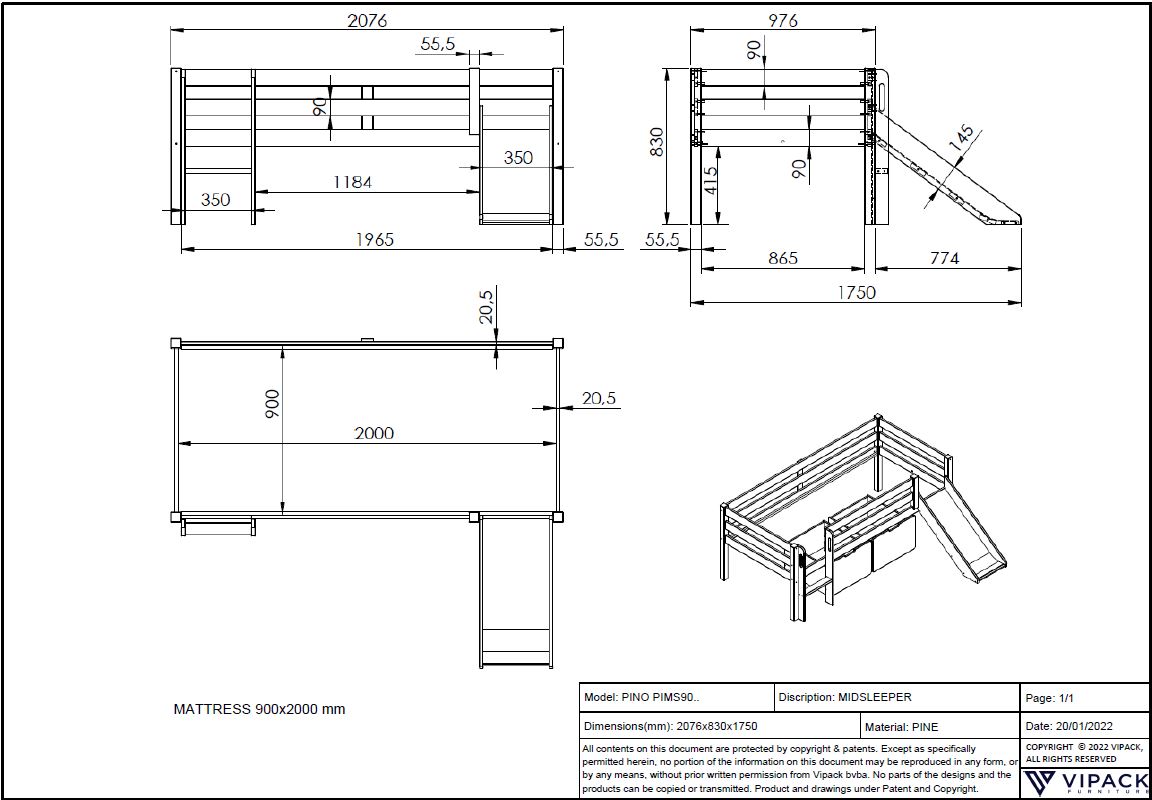 Lit mi-hauteur Pip avec toboggan 90 x 200 bois de pin - gris - Image 2