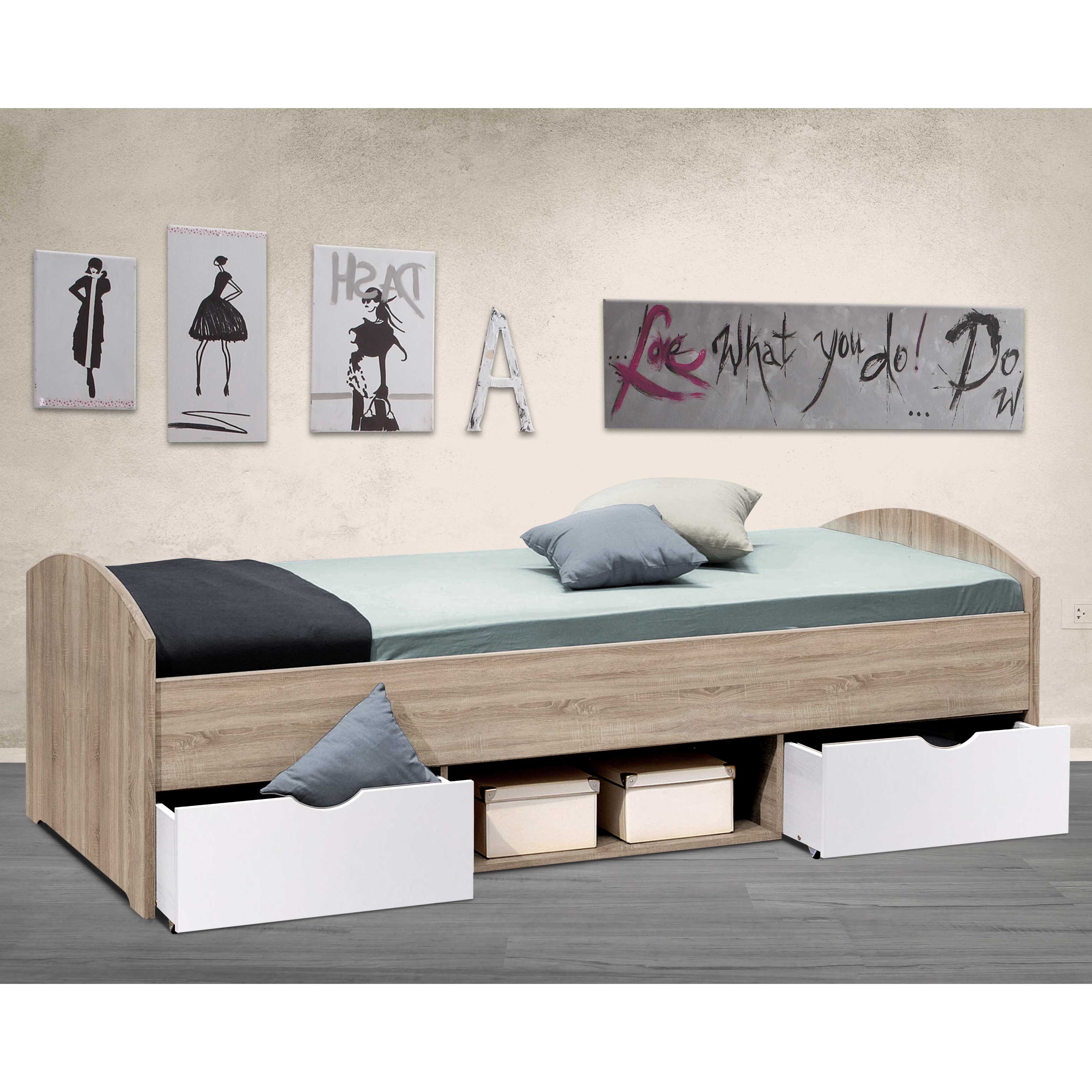 Lit Nero 90x200 avec 2 tiroirs - chêne sonoma/blanc - Image 1