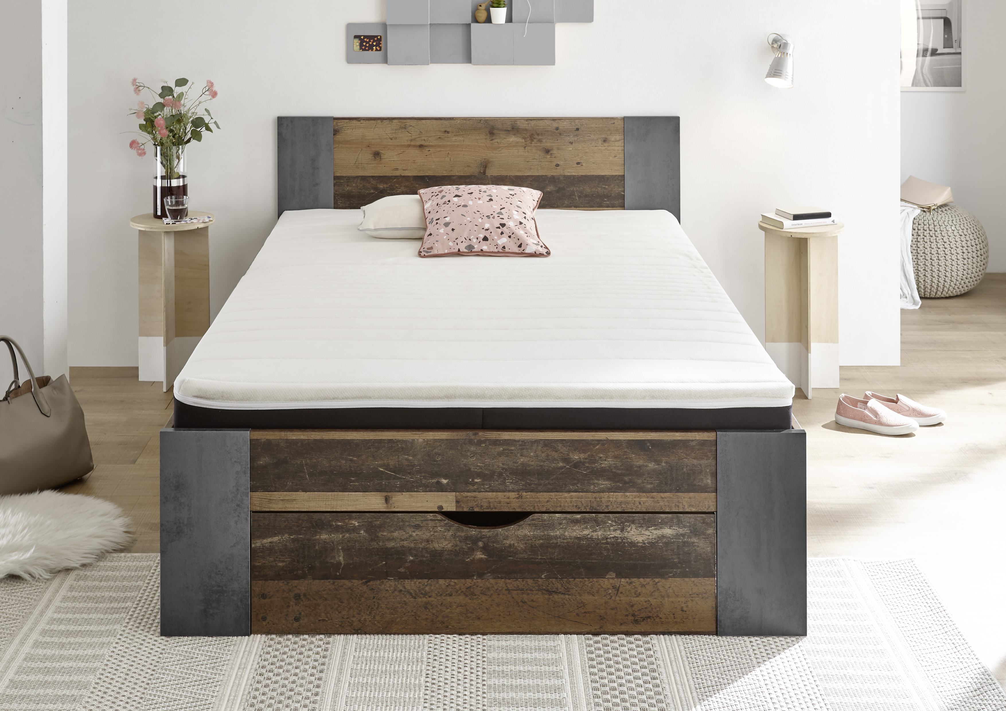 Lit Rudi 140x200 avec 1 tiroir - vieux style/béton - Image 3