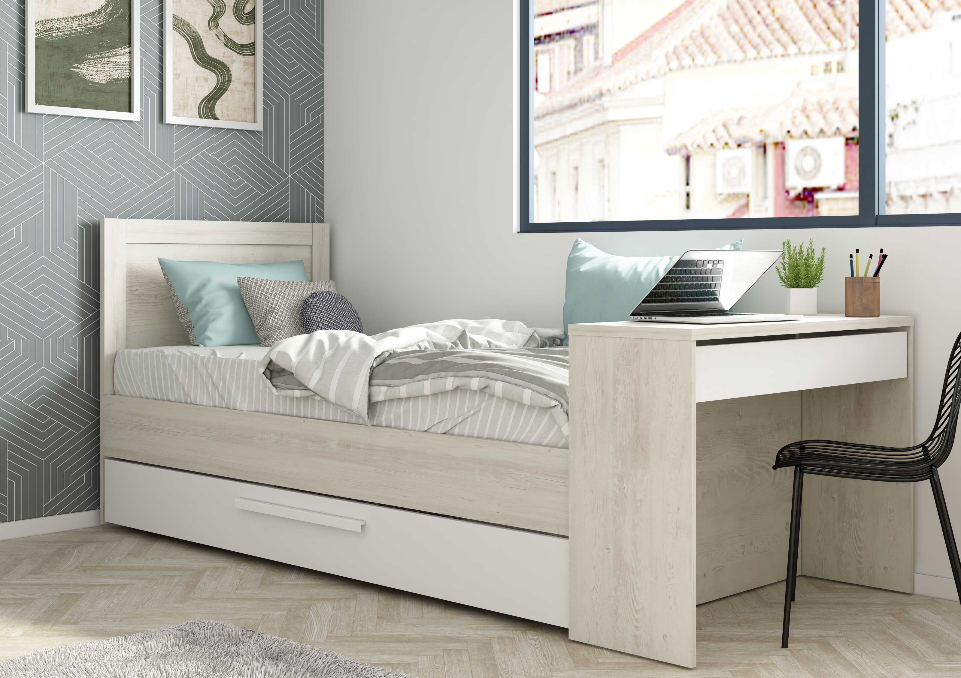 Lit Shipley 90x200 avec bureau et tiroir de lit - pin/blanc - Image 11