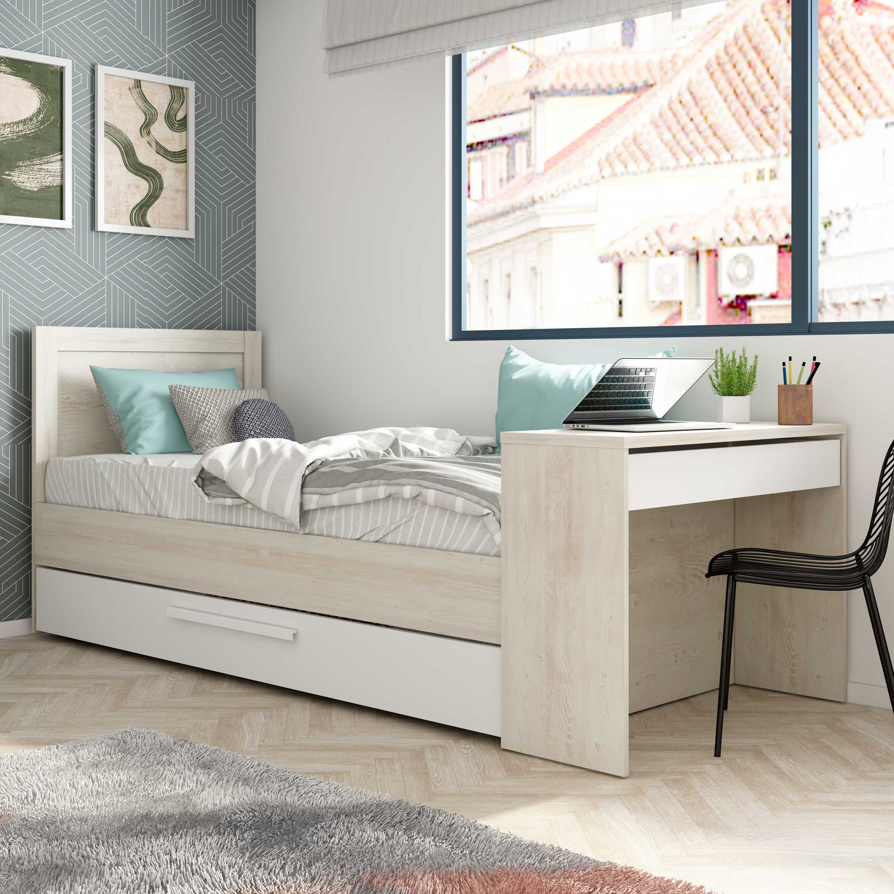 Lit Shipley 90x200 avec bureau et tiroir de lit - pin/blanc - Image 1