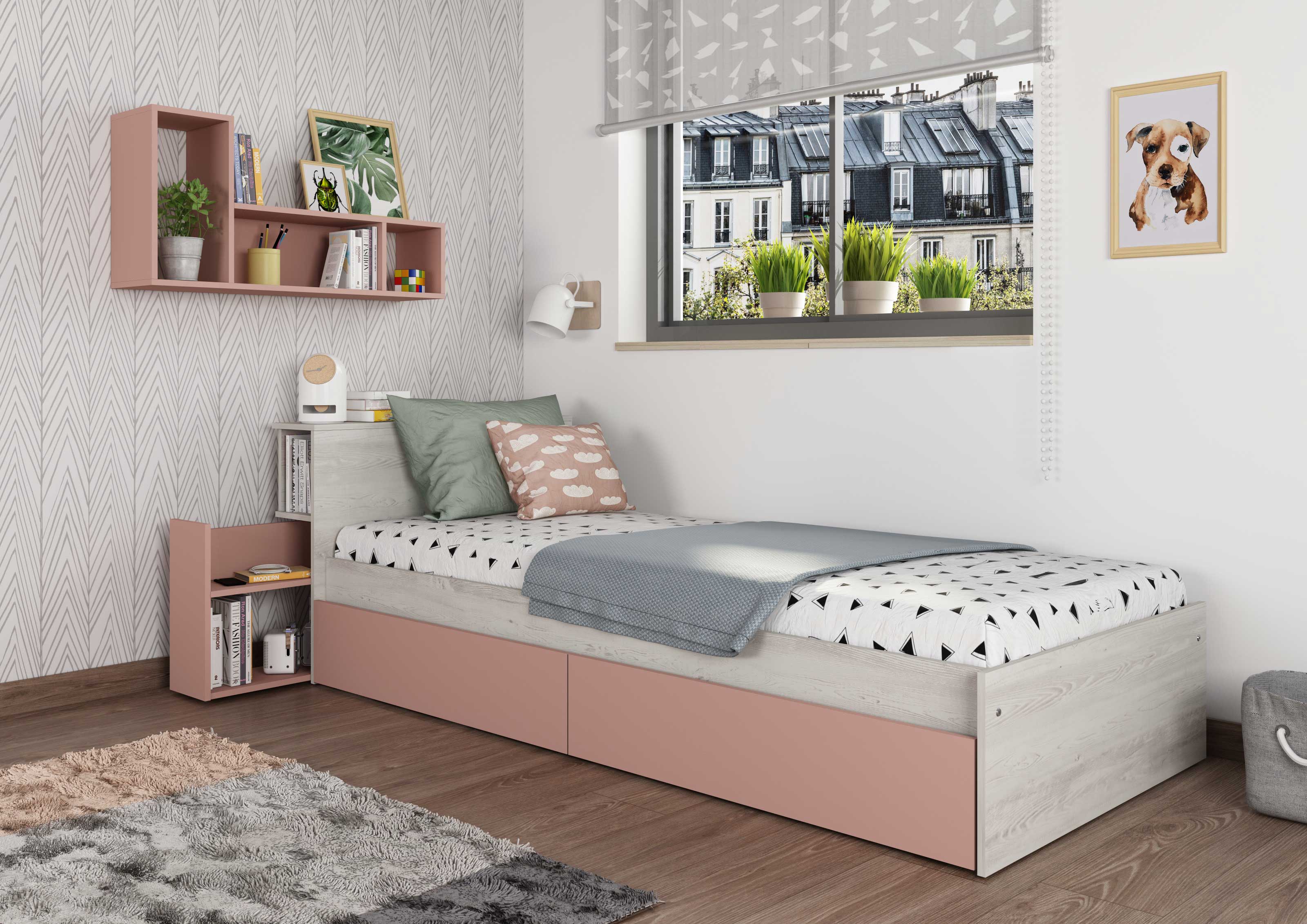 Lit simple Kazim 90x200 avec espaces de rangement - vieux rose - Image 5