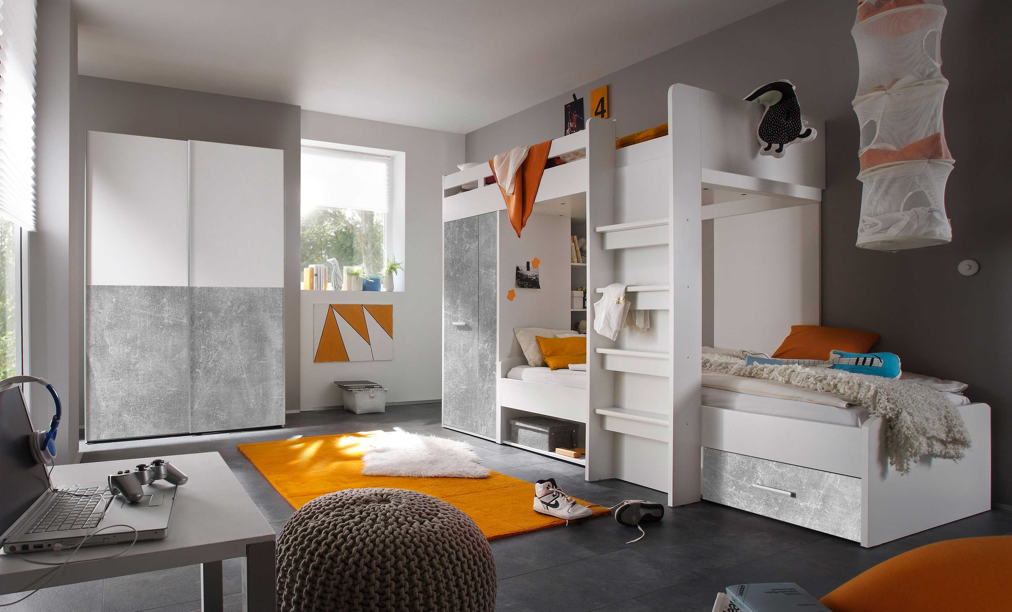 Lit superposé 90 x 200 avec armoire Lopes - béton/blanc - Image 2