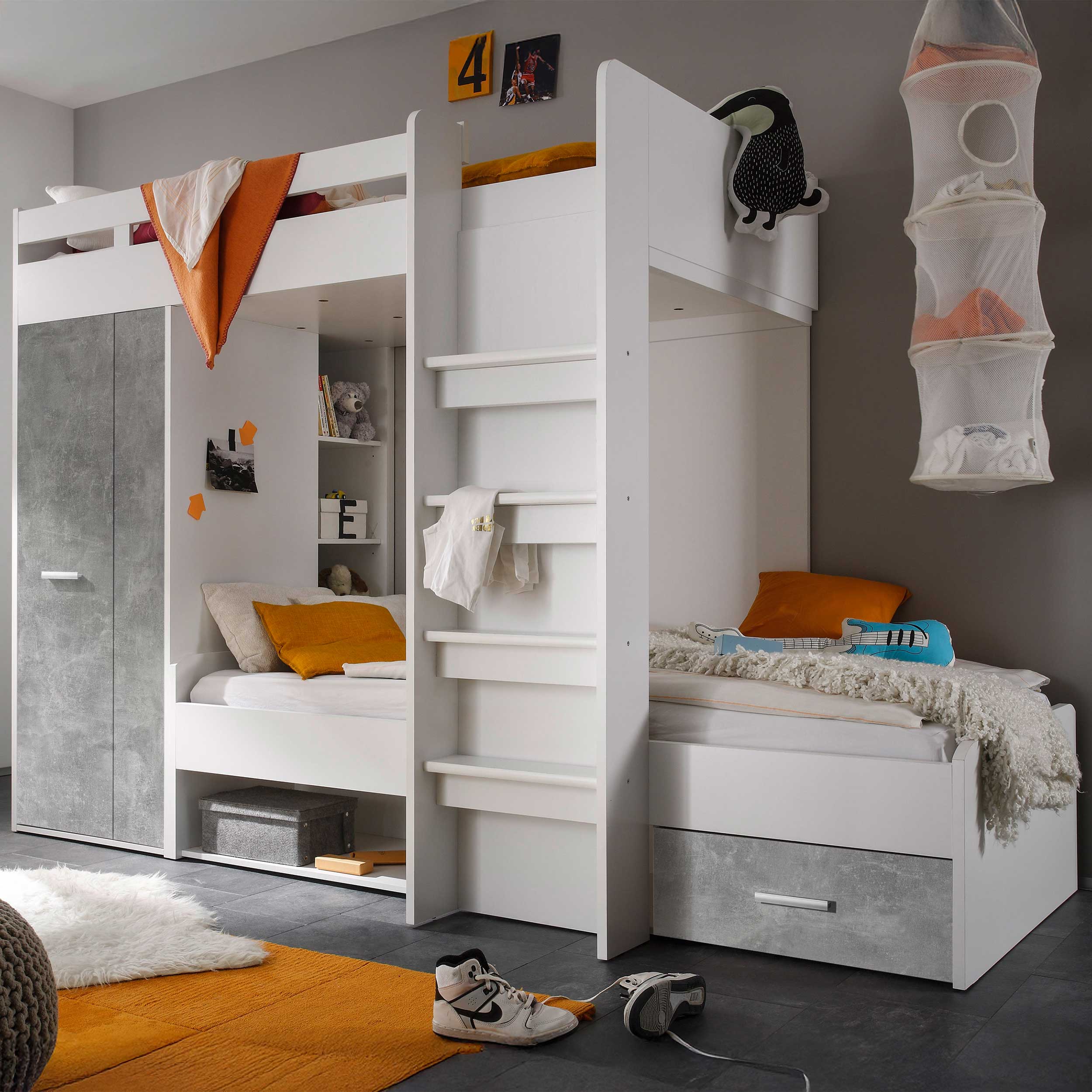 Lit superposé 90 x 200 avec armoire Lopes - béton/blanc - Image 1