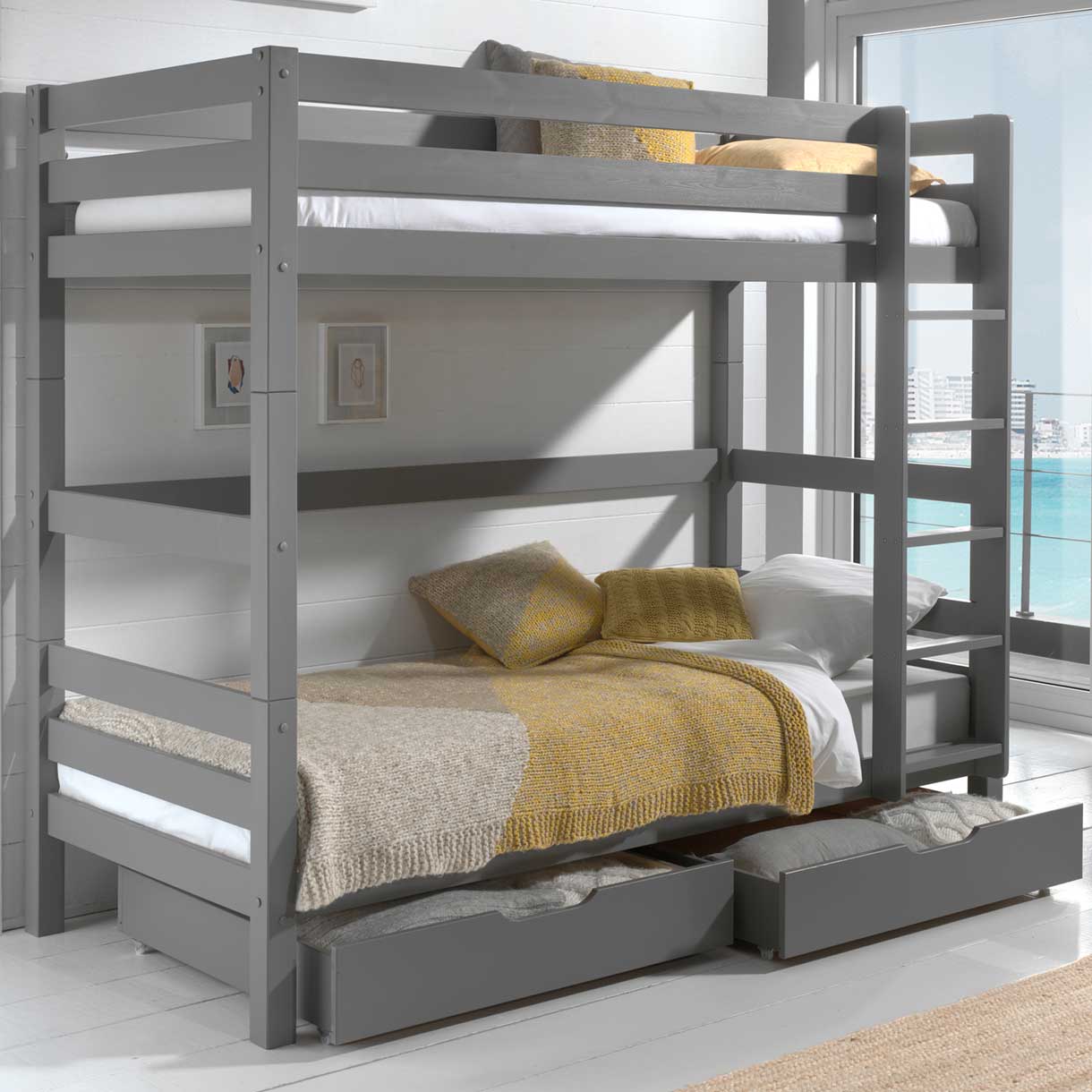 Lit superposé Claire haut avec 2 tiroirs - gris