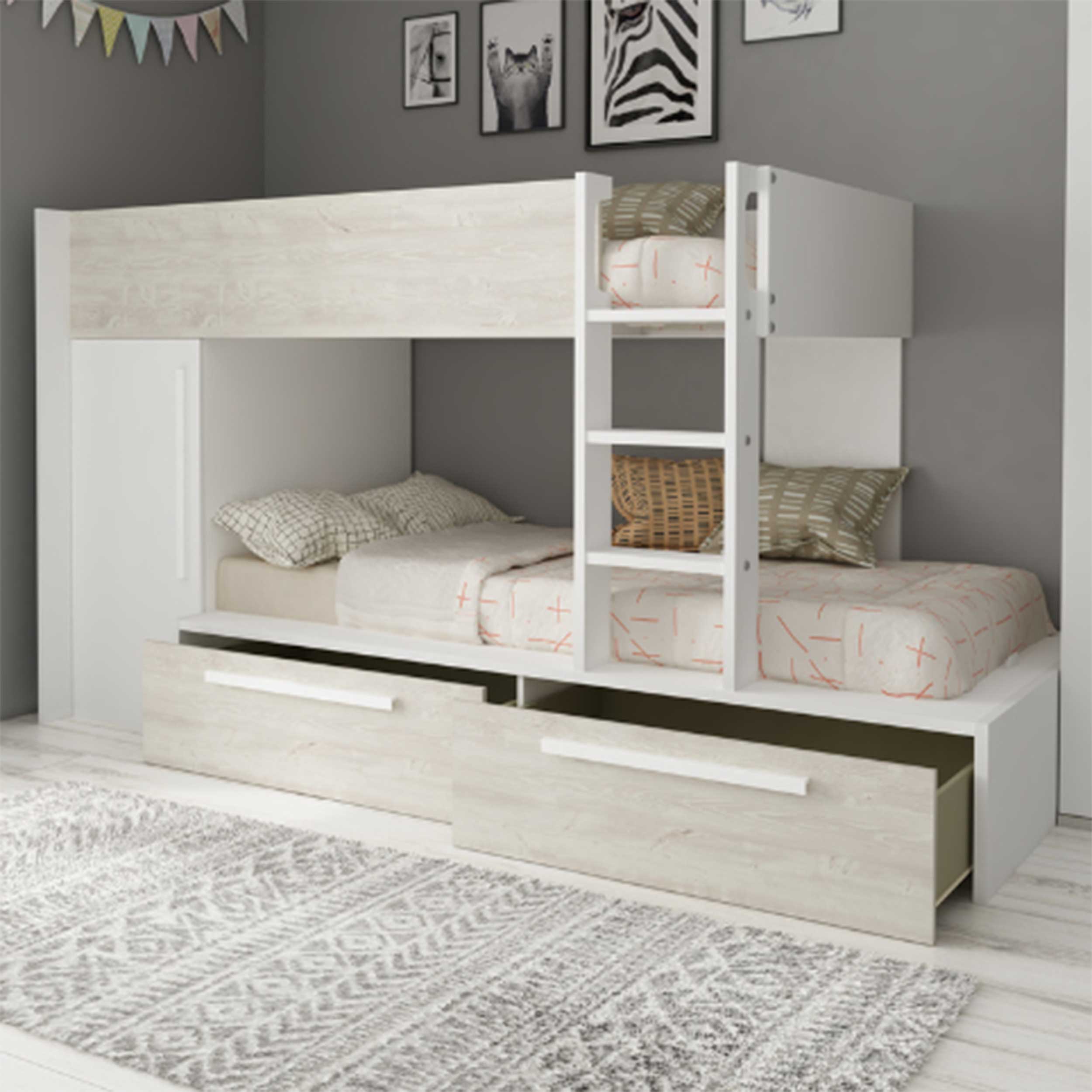 Lit superposé Fleur avec armoire et tiroirs - blanc