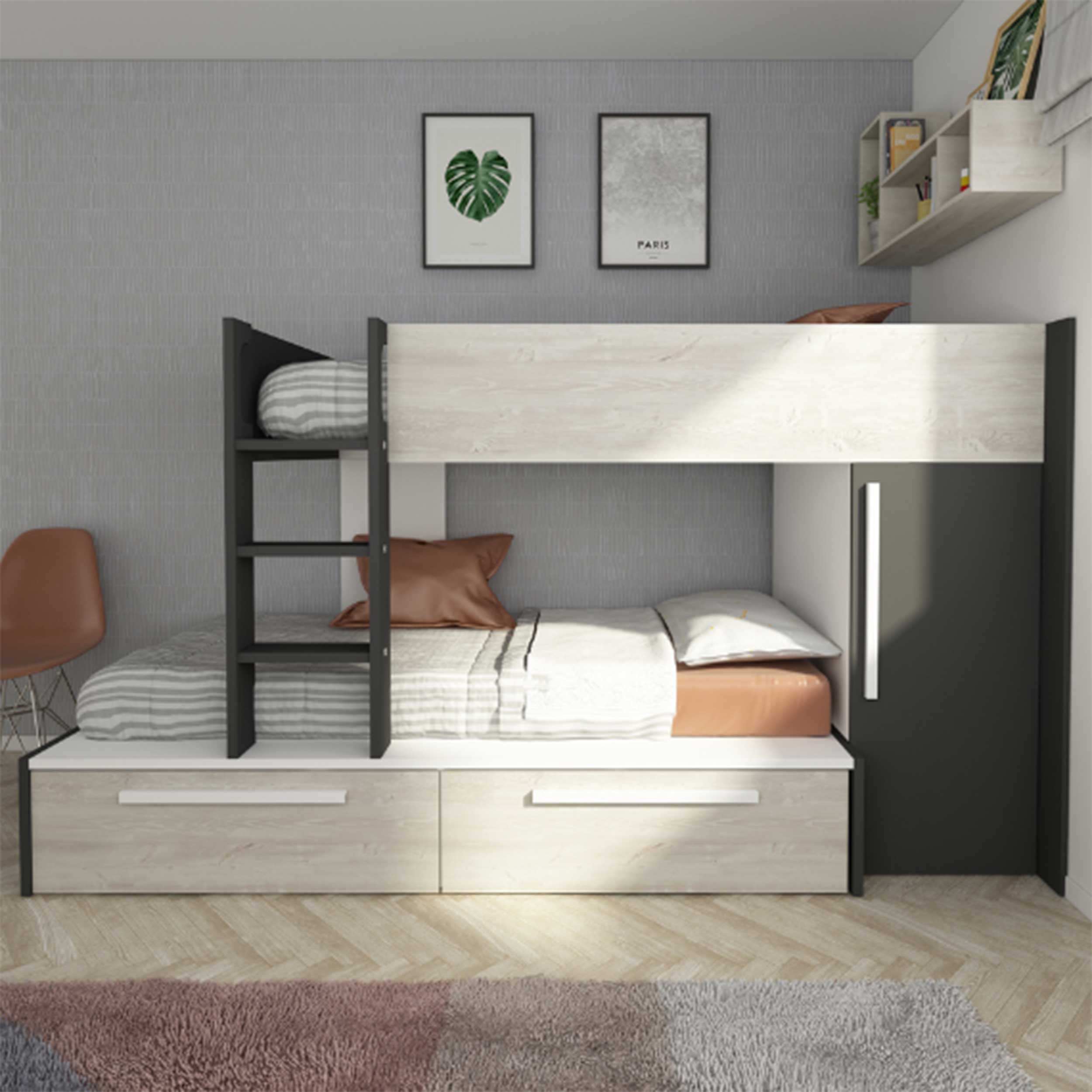 Lit superposé Fleur avec armoire et tiroirs - gris