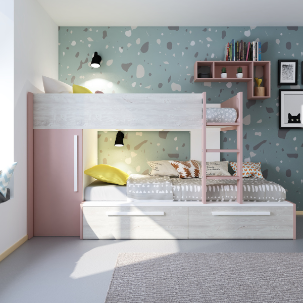 Lit superposé Fleur avec armoire et tiroirs - vieux rose - Image 4