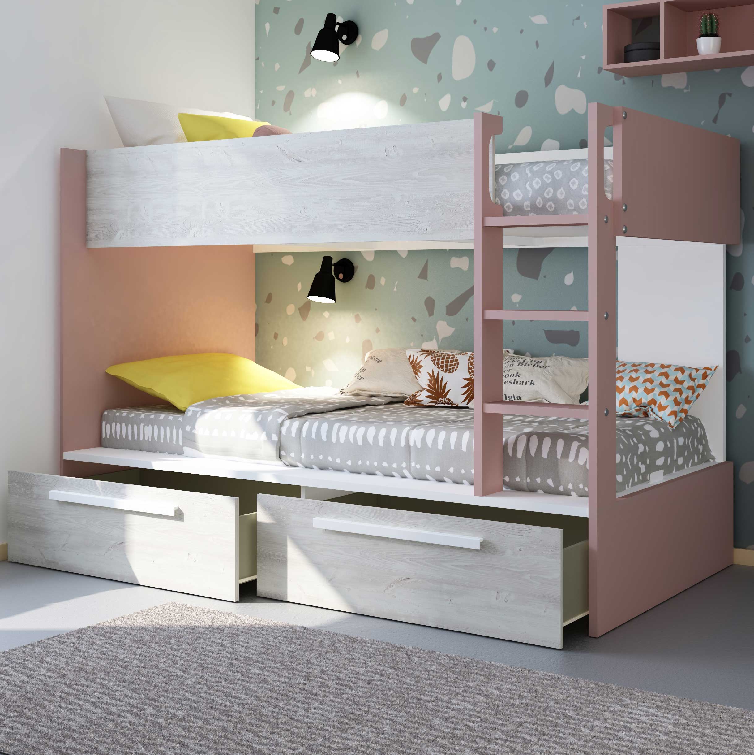 Lit superposé Fleur avec tiroirs de lit - vieux rose