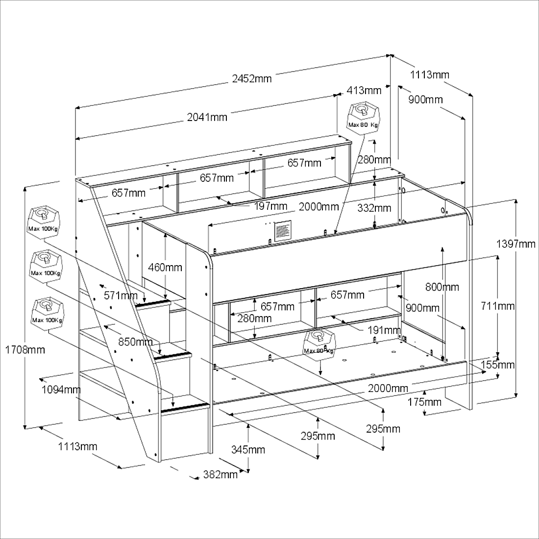 Lit superposé Lester 90x200 avec rangement - blanc/chêne - Image 3