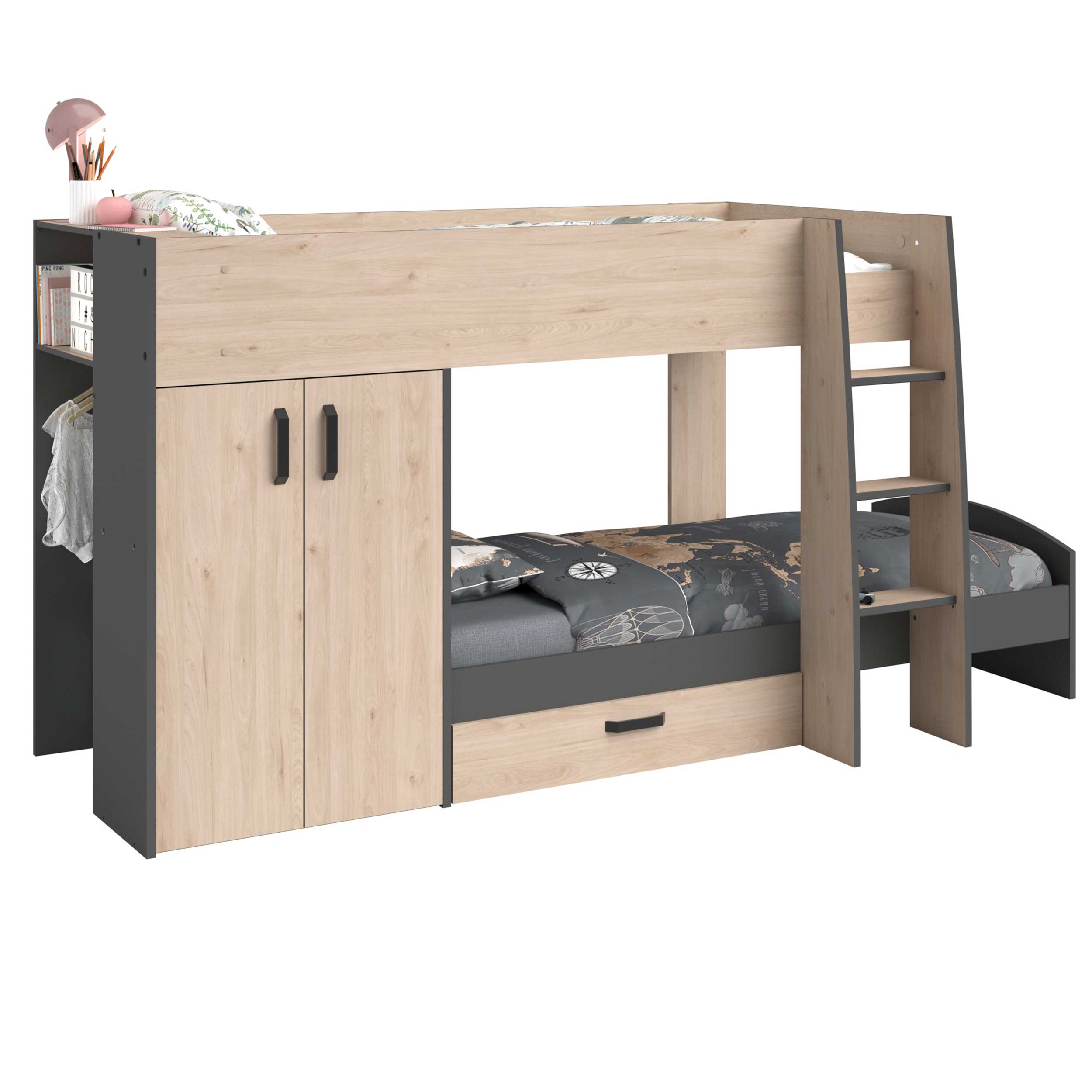 Lit superposé Mist avec armoire & tiroir - chêne/gris - Image 2
