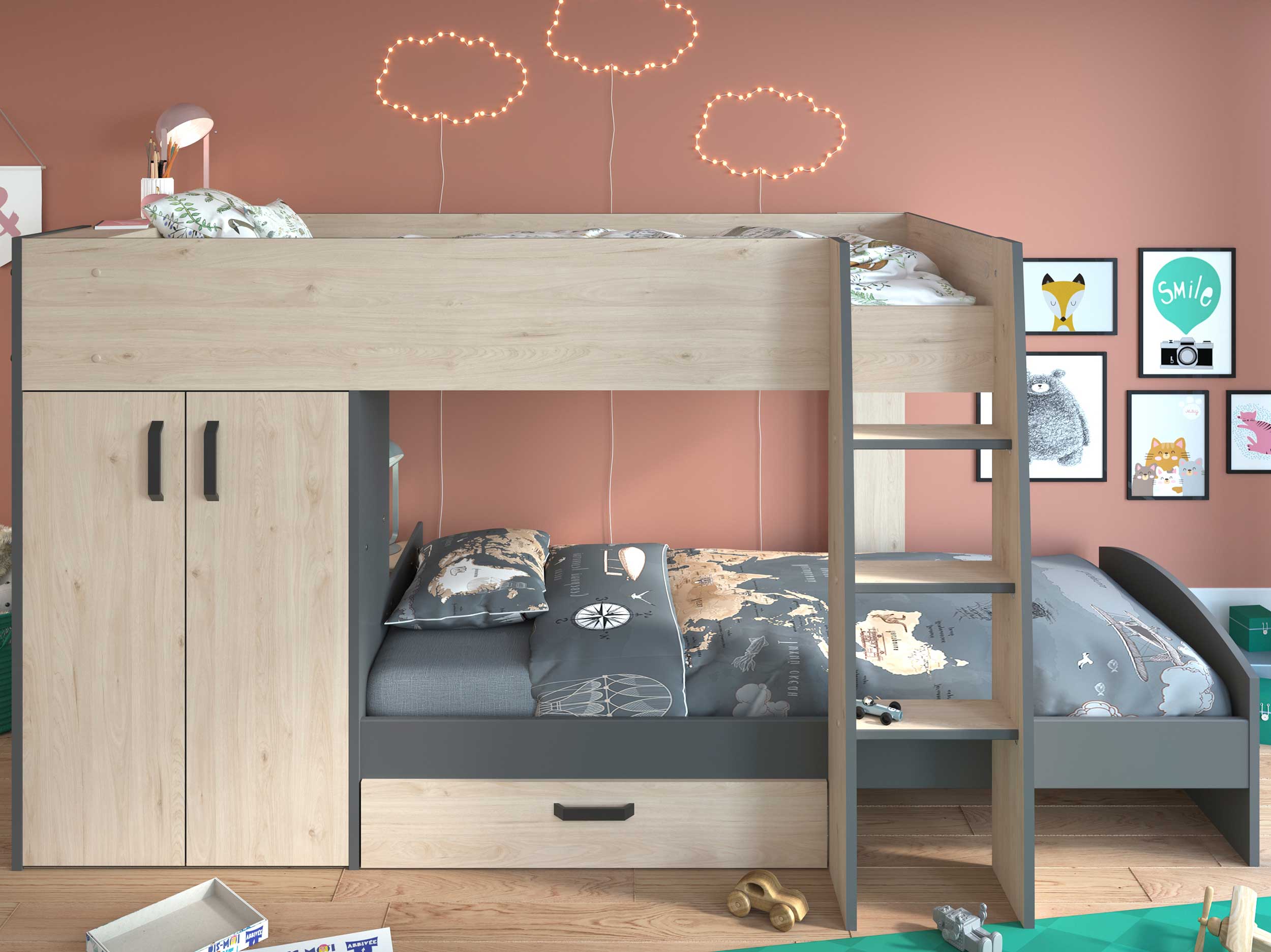 Lit superposé Mist avec armoire & tiroir - chêne/gris