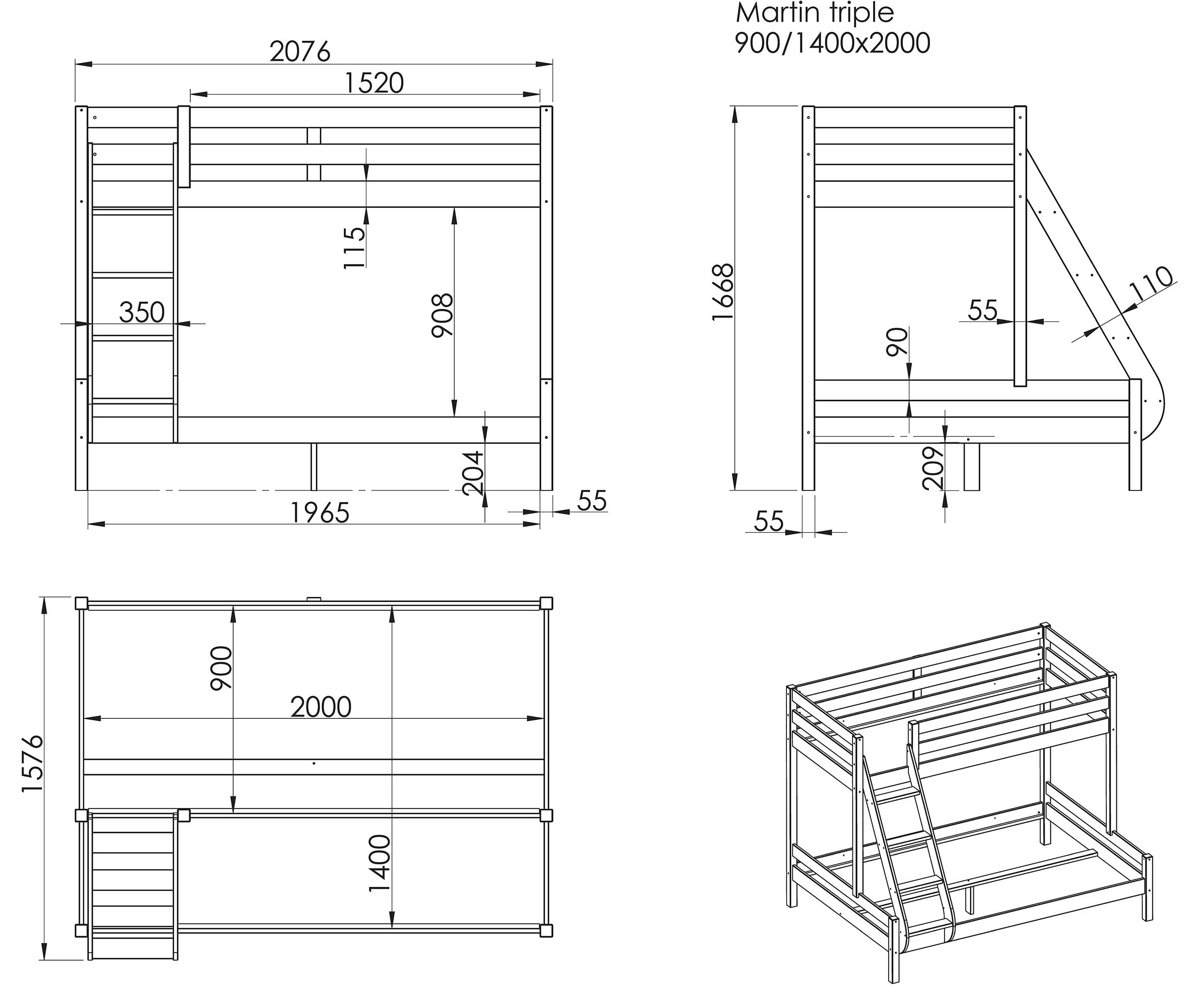 Lit superposé Triple pour 3 personnes bois - blanc - Image 4