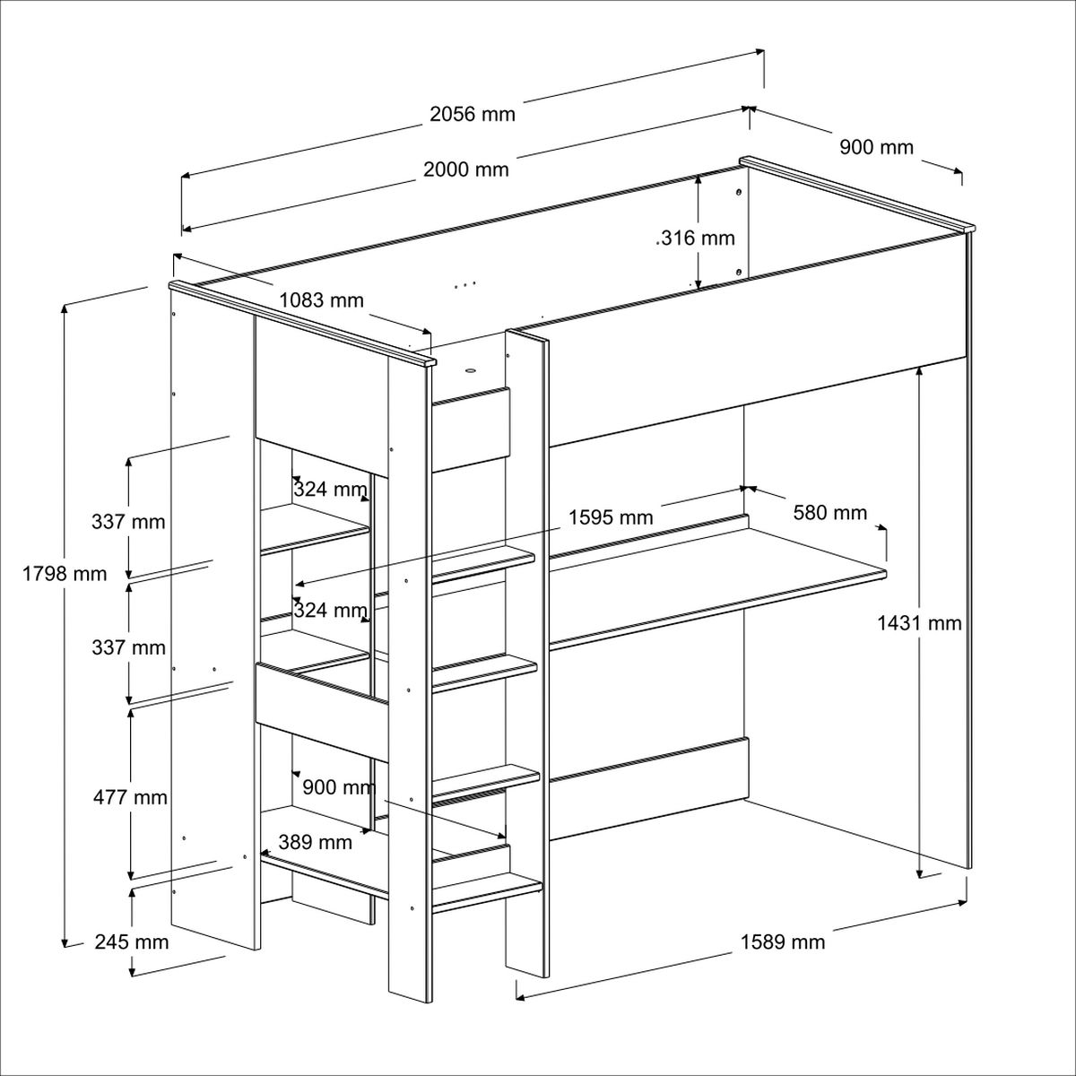 Lit surélevé Smiley blanc - avec bureau - Image 3