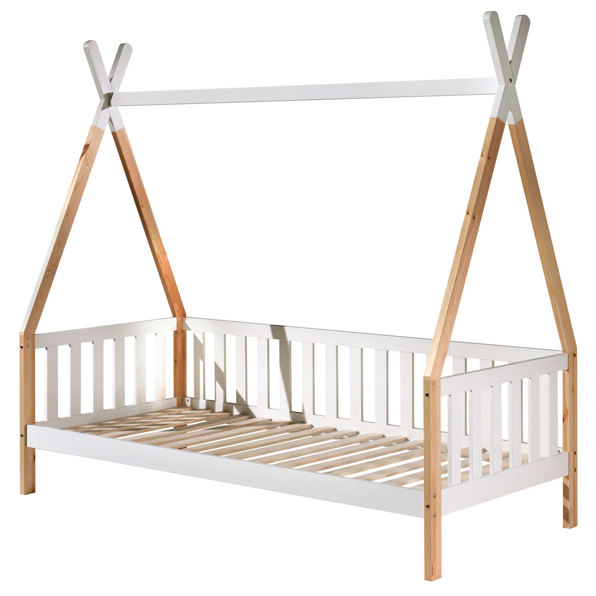 Lit tipi 90 x 200cm avec barrière bois massif - bois pin/blanc - Image 4