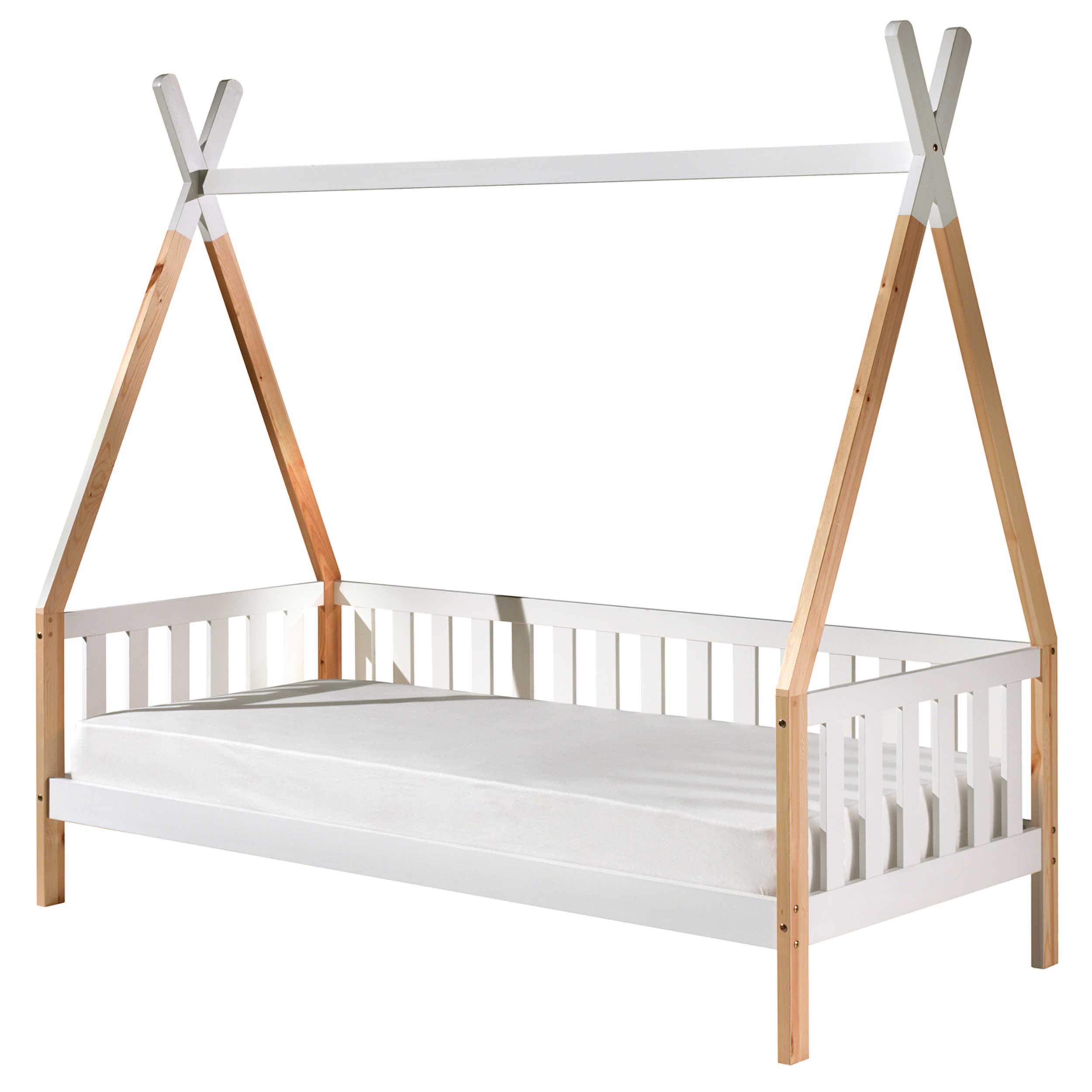 Lit tipi 90 x 200cm avec barrière bois massif - bois pin/blanc - Image 8